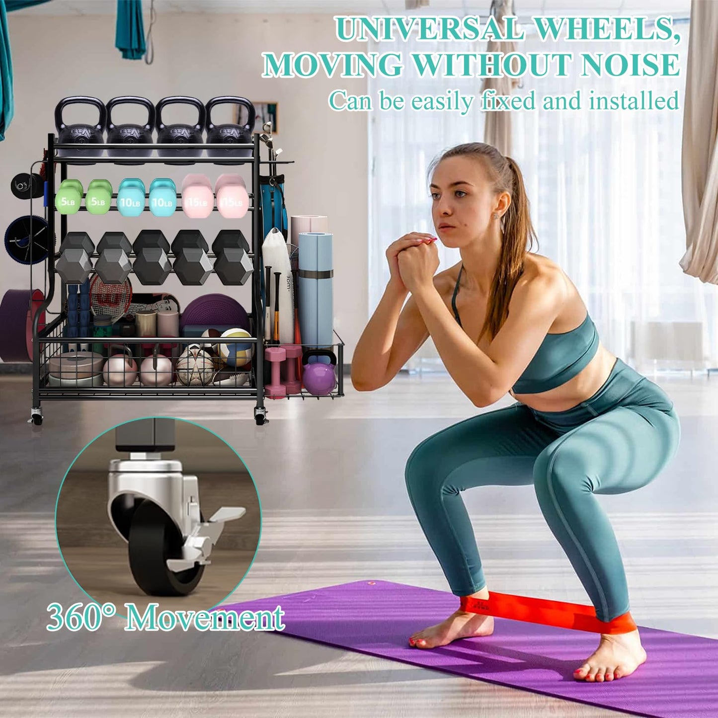 HIEE Dumbbell Rack, Weight Rack for Kettlebells, Storage Holder for Yoga and Workout Equipment, Home Gym Storage Rack with Wheels and Hooks (320 lb)