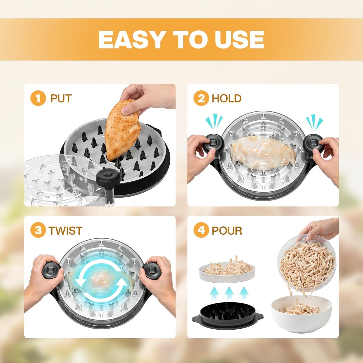 Cleangor Chicken Shredder Tool Twist, Visible Chicken Breast Shredder Tool Meat Shredder with Removable Tray, Ergonomic Handle, Non-Slip Base Food Shredder Tool for Chicken, Pork, Beef, Fish