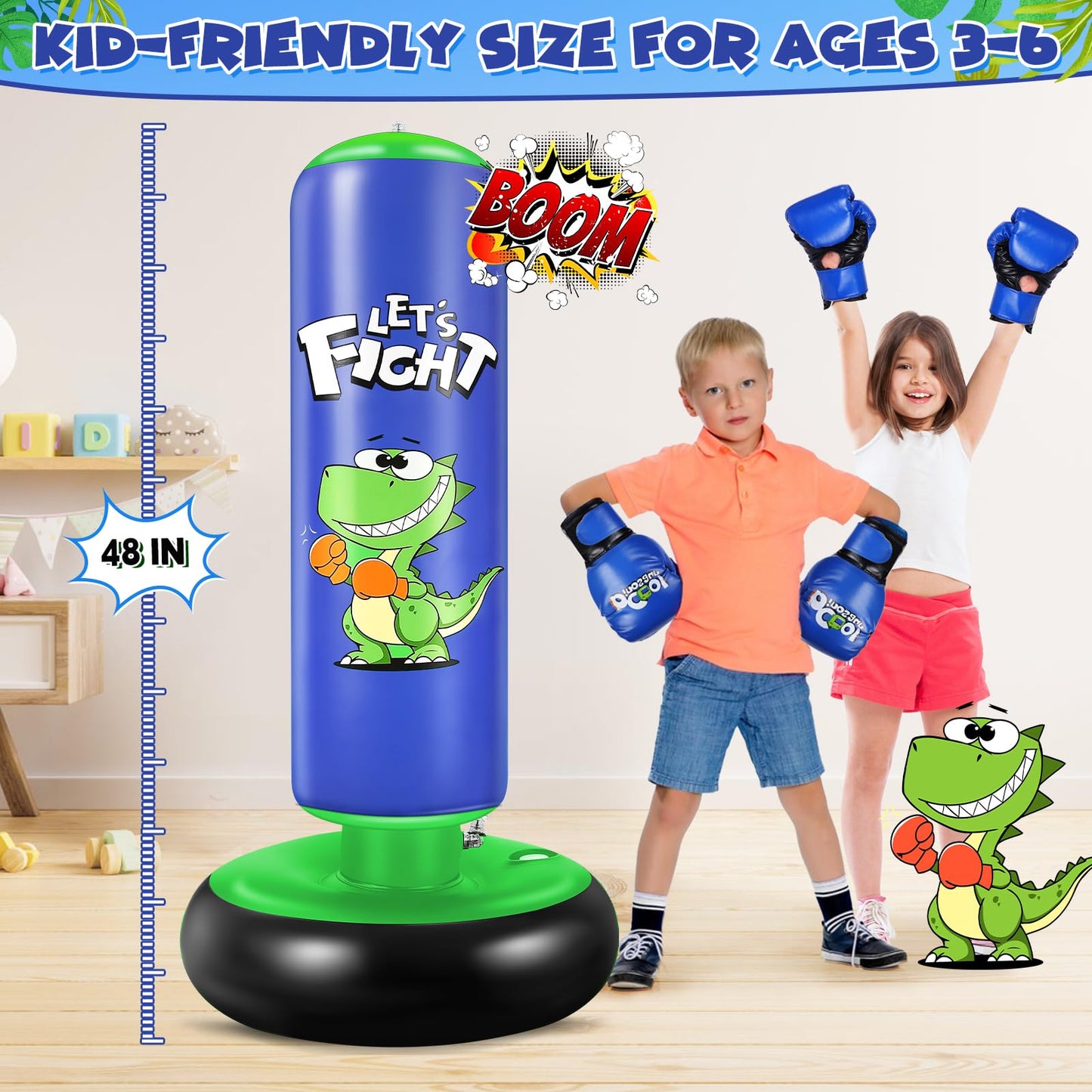 Inflatable Punching Bag, 48" Inflatable Boxing Bag for Kids with Boxing Gloves for 3-8 Kids, Stable Boxing Set for Practicing Karate, Taekwondo,Dinosaur Toy & Gifts for Boys (Blue)