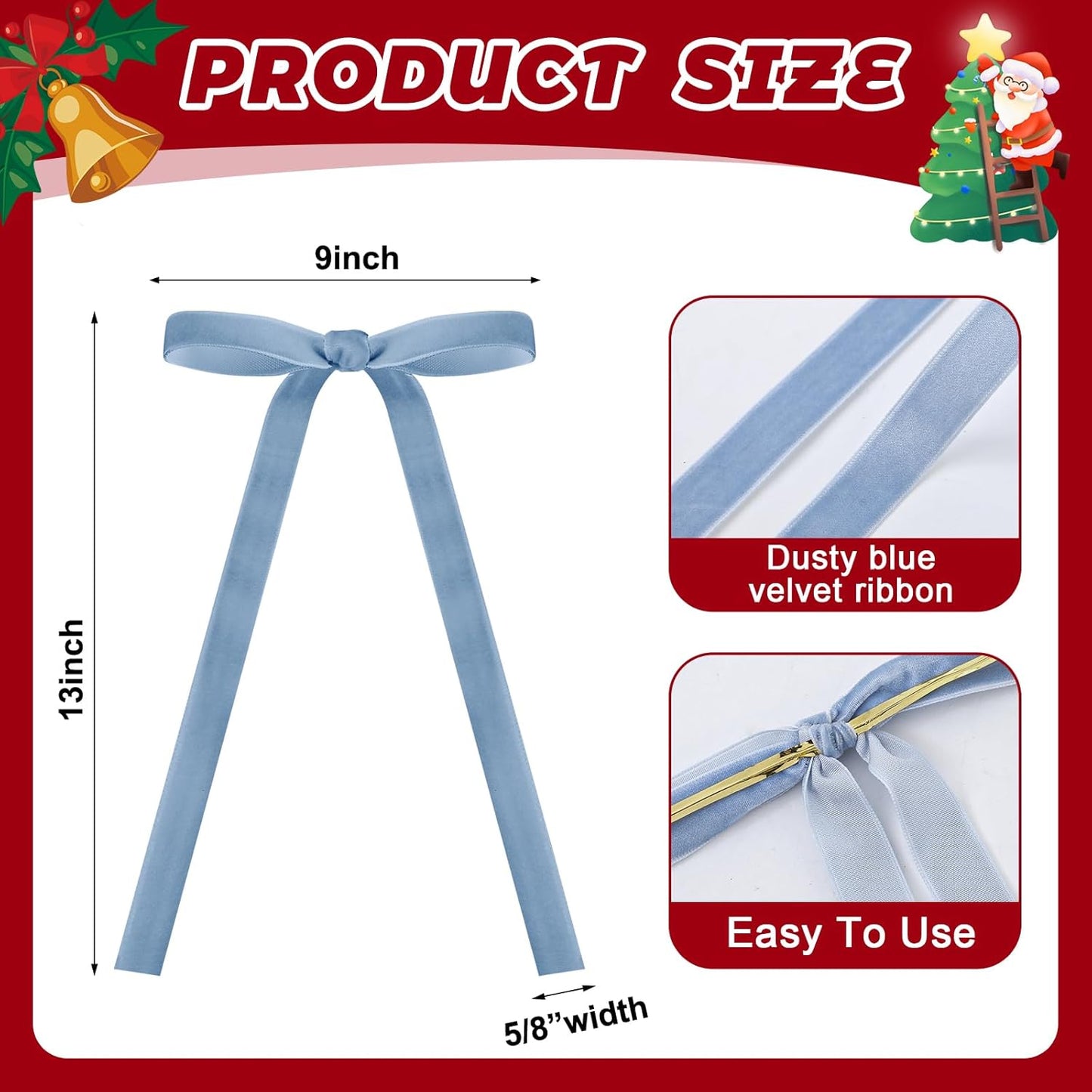 Skiennix 24 Pcs Velvet Bows - Vintage Ribbon Bows for Christmas Tree & Crafts | Dusty Blue, 9 x 13 Inch