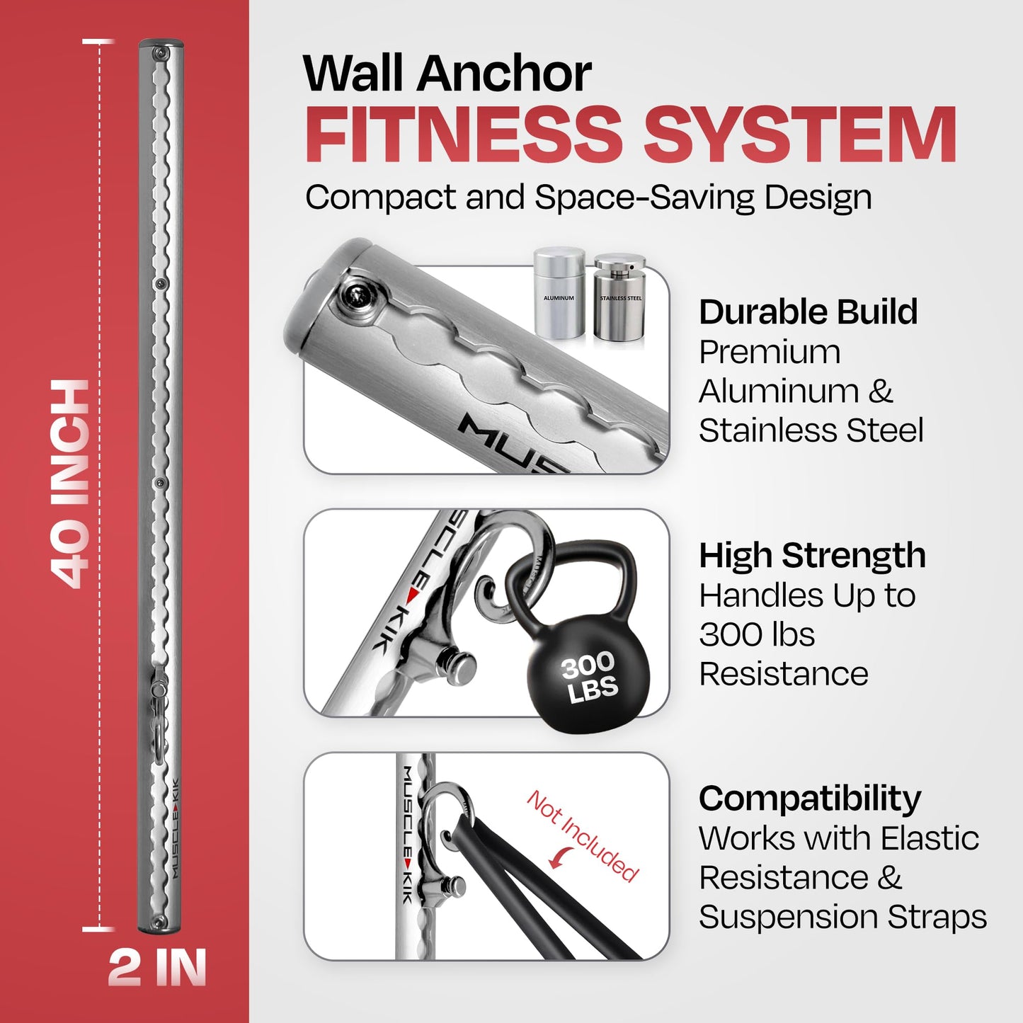 Aluminum Wall-Mounted Anchor Fitness System - Adjustable, Multi-Functional, Space Saving Home Gym Solution for Strength Training, Workout Goals | 100+ Exercises, Easy Installation, 300lbs Capacity