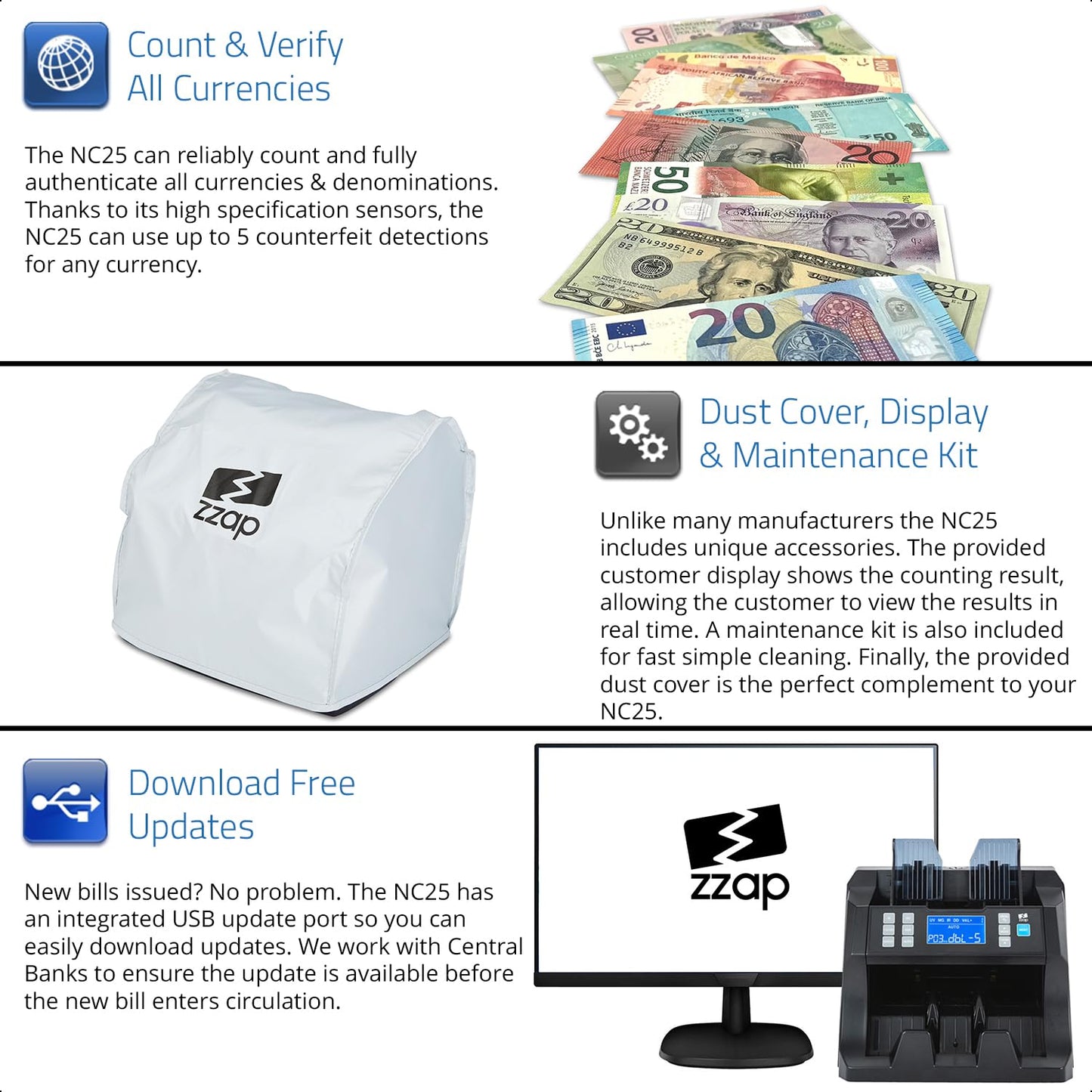 ZZap Bill Value Counter & Counterfeit Detector - Money Cash Currency Machine (NC25)