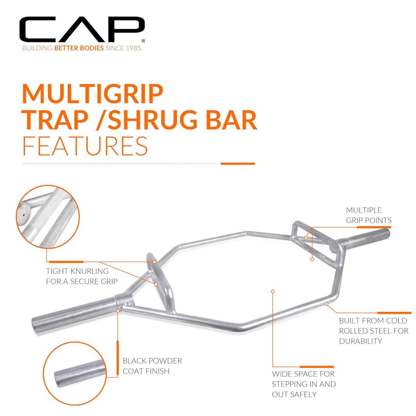 CAP Barbell Olympic Hex Trap Bar with Combo Grips, Shrug Deadlift Bar - Chrome