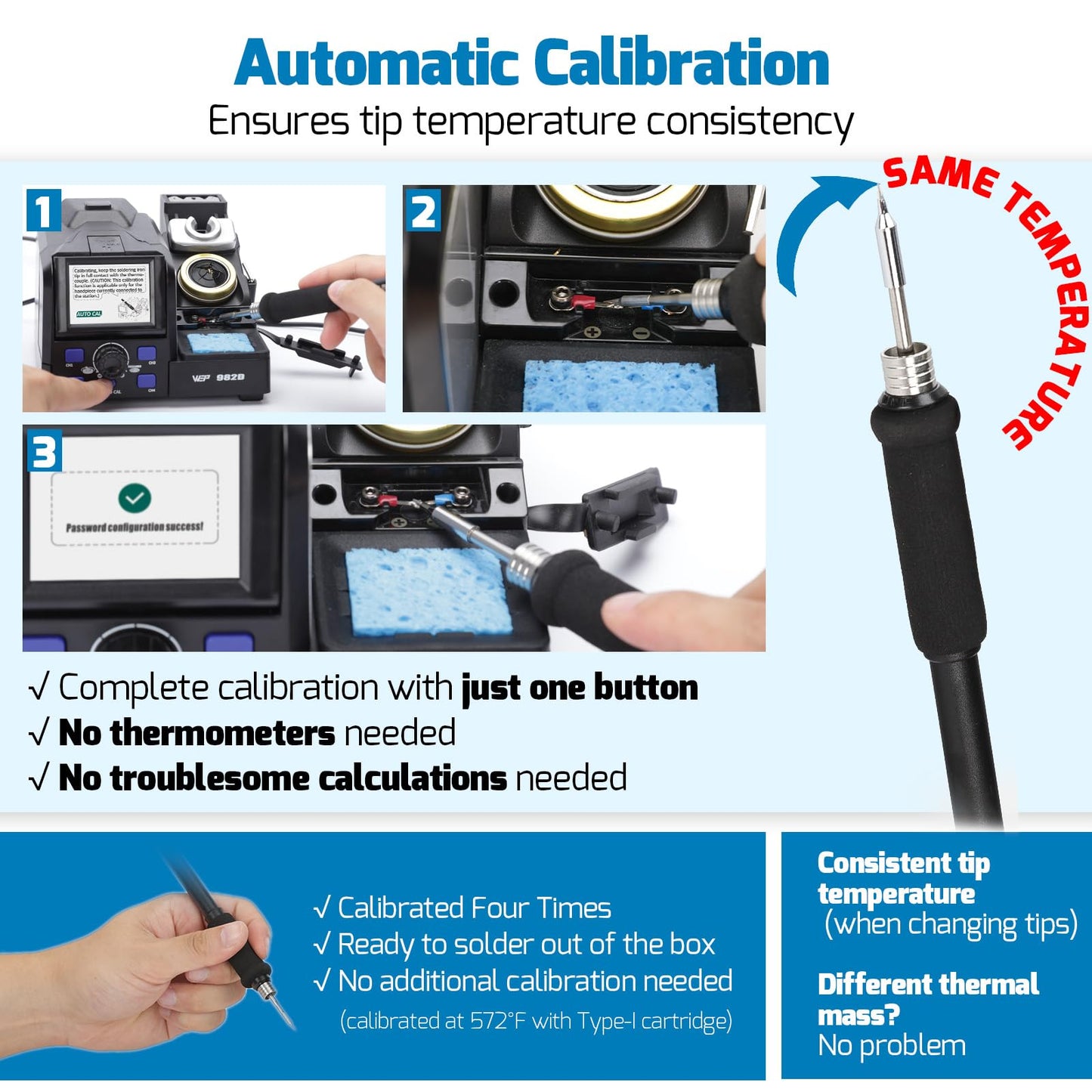 WEP 982D Precision Soldering Station with Automatic Calibration, Tiltable Screen, C245 C210 Compatible Soldering Iron Kit with 2 Spools Lead Free Solder Wire, 6 Soldering Cartridges
