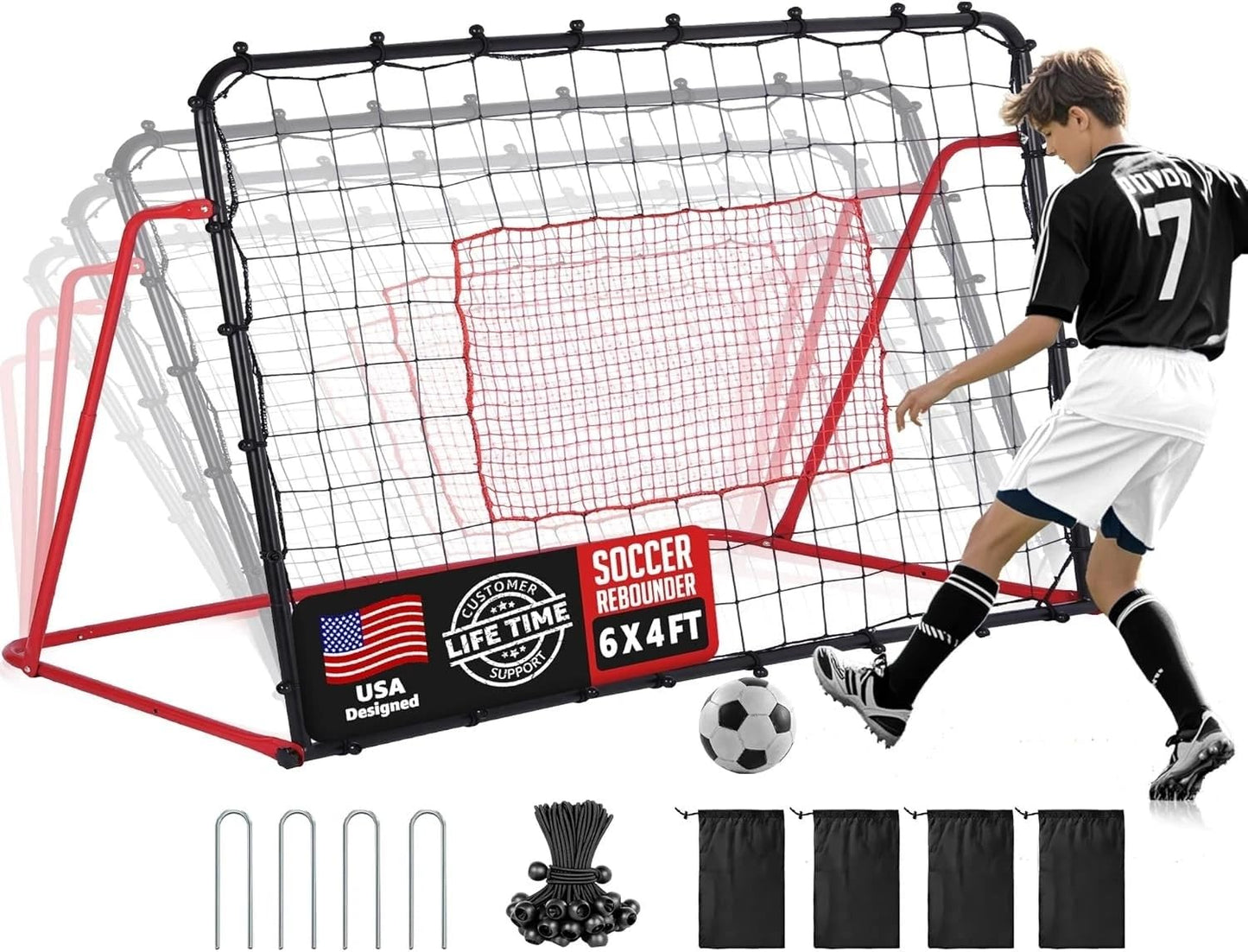 ZEALFEEL Soccer Rebounder Net, 10 Adjustable Angles 6x4FT Soccer Kickback Trainer for Passing, Ball Control & Volley Practice, Easy Setup Portable Football Training Net for Solo & Team Use