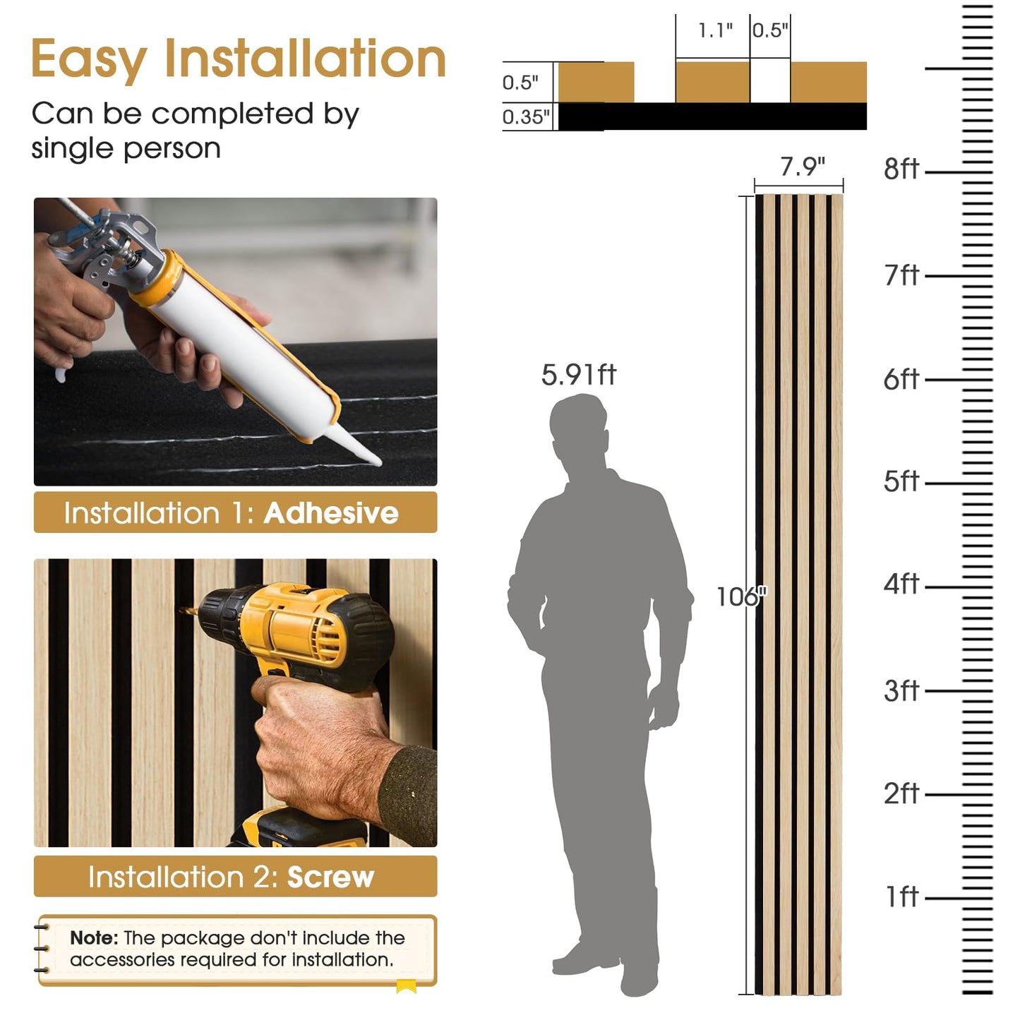 LARWORKS Wood Slat Wall Panels 4 Pack 94.5" x 7.9", Acoustic Wooden Panel for Wall, Soundproof 3D Fluted Panels for Interior Wall Decor, Living Room, Bedroom - Oak (Cover Approx.21 sq.ft)