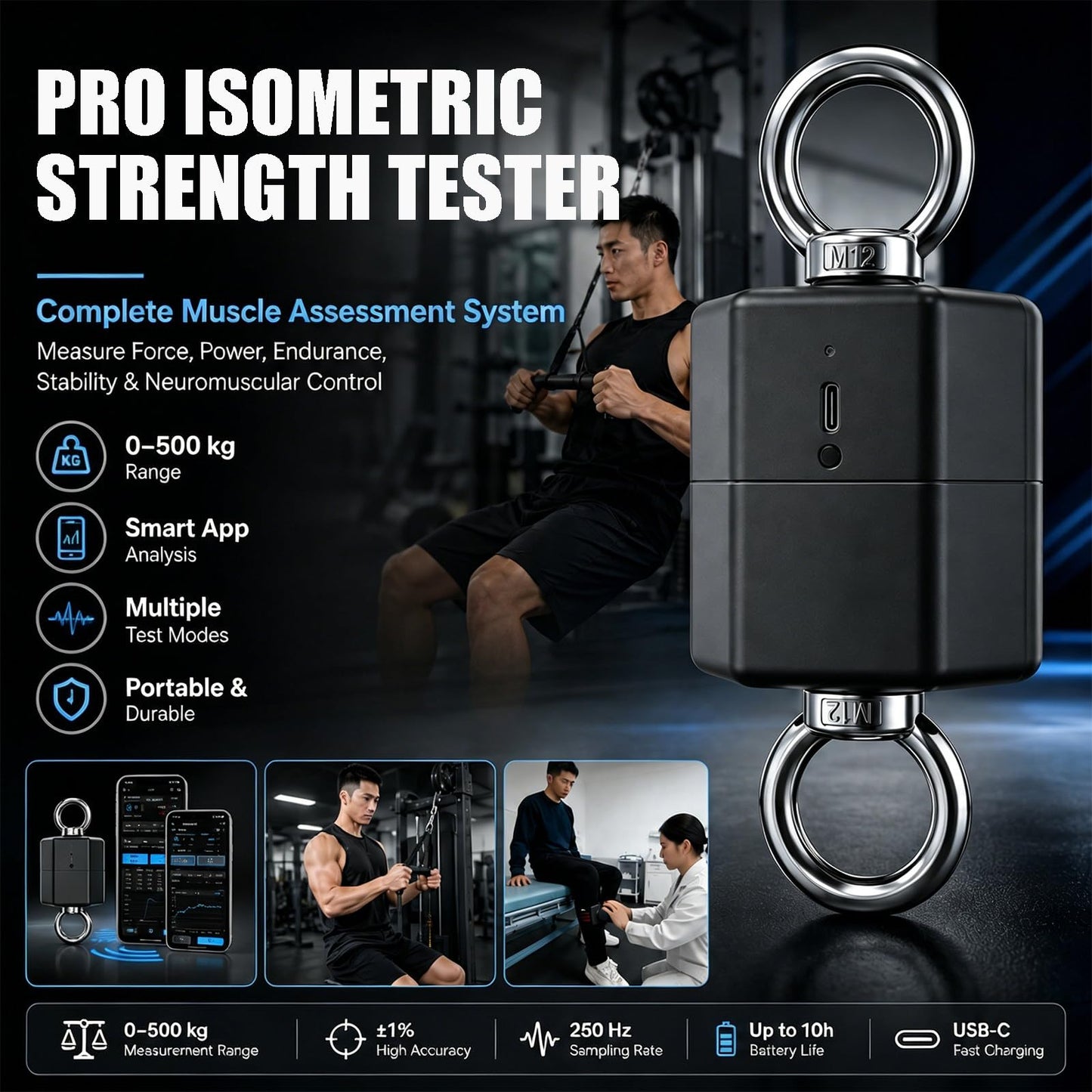 Isometric Strength Tester, 500kg Muscle Strength Tester with App Data Tracking & Export, Grip Strength & Forearm Trainer for Pull, Push, Endurance, Stability & Power Testing