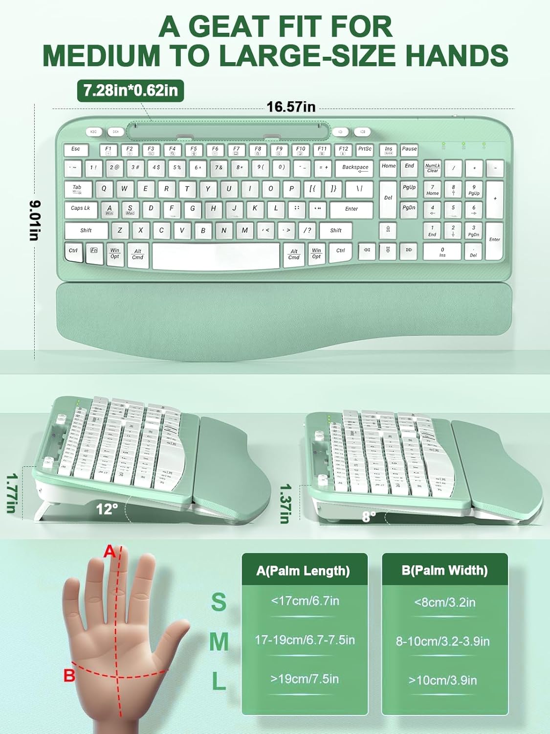 EAYBLLY 2.4GHz Ergonomic Wireless Keyboard with Cushioned Wrist Rest, Wave Keys, Phone Holder, Comfortable Natural