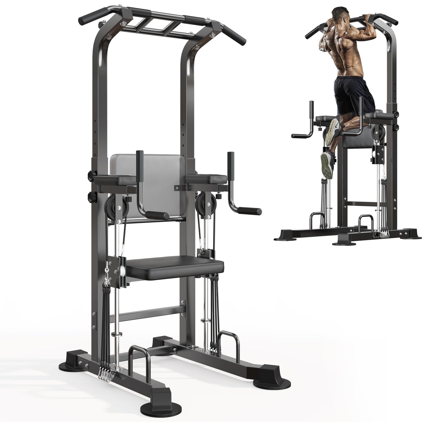 SogesHome Power Tower Pull Up Bar and Dip Station, Multi-Function Pull Ups, Adjustable Height Dip Bar Strength Training Workout Equipment, Pull Up Stand Workout for Home Gym Exercise Equipment, Black