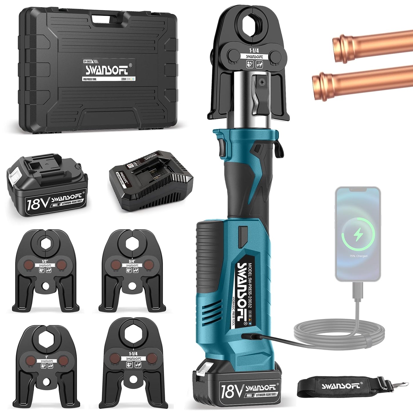 SWANSOFT Pro Press Tool, Copper Pipe Crimping Tool with 18V 4Ah Battery Pro Press Copper Crimper Tool with 4 US Standard Jaws 1/2", 3/4'', 1", 1-1/4", Electric Hydraulic Plumbing Crimping Tool - Teal