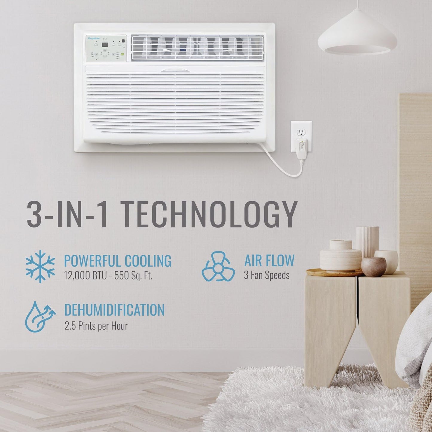 Keystone 12,000 BTU Wall Mounted AC Unit and Dehumidifier, 115V, Wall Unit for Bedroom, Bathroom, Nursery, and Medium Sized Rooms up to 550 Sq.Ft., AC Wall Unit with Remote, Quiet, High Efficiency AC