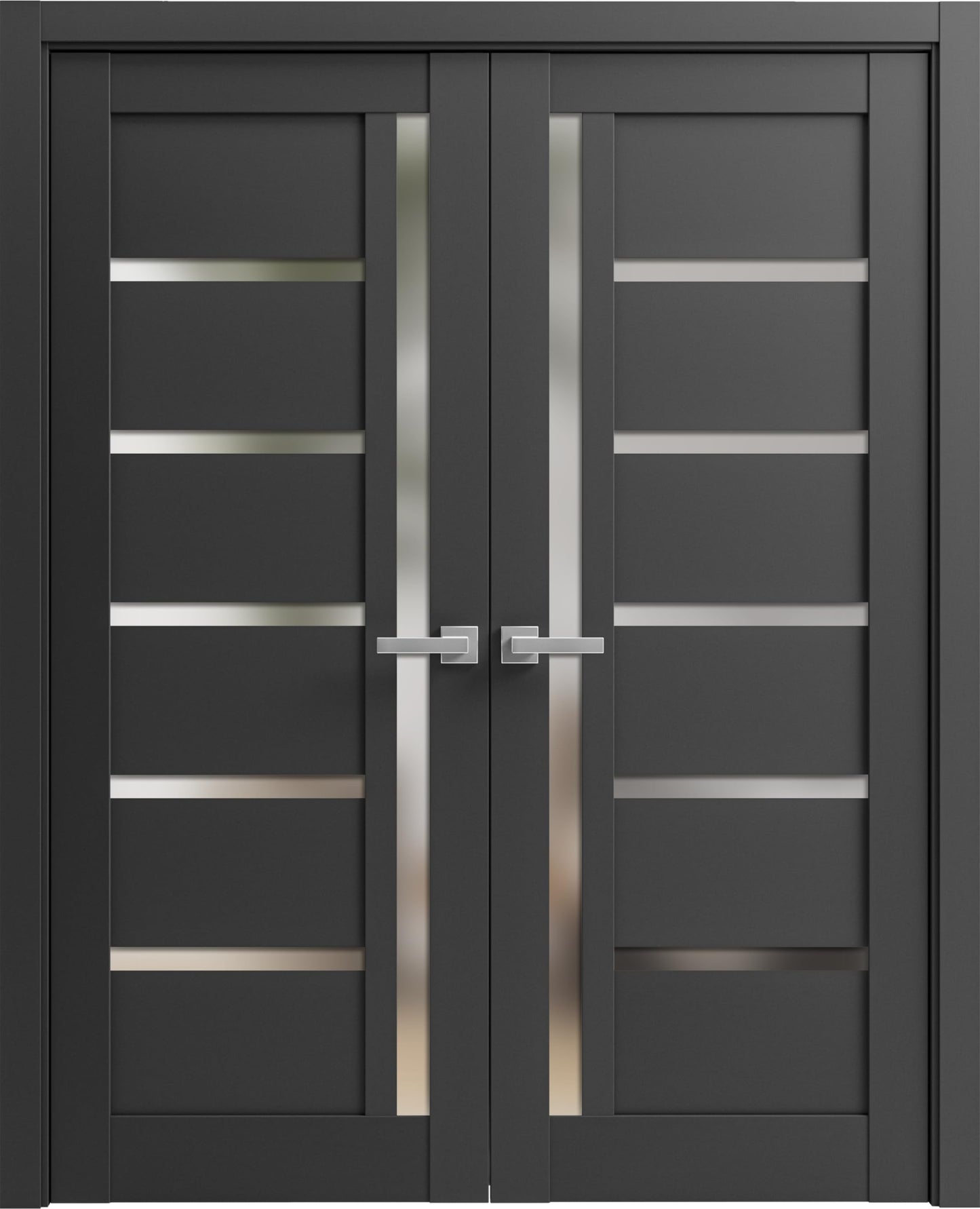 SARTODOORS Quadro 4088 Interior Doors 56 x 80 in, Black Matte Frosted Glass Solid French Double Door, Solid MDF Core, Frame and Satin Nickel Hardware Included