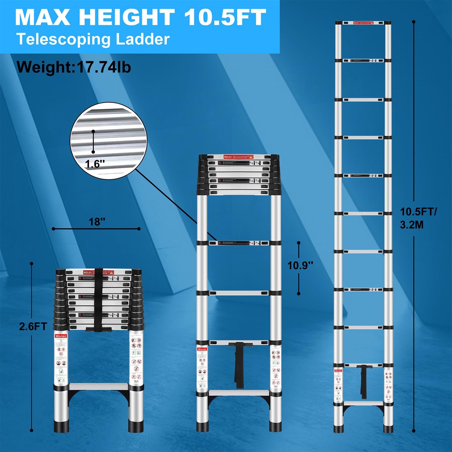 Wolec 10.5 FT Telescoping Ladder, Adjustable Multi-Purpose Collapsible Extension with Stabilizers, Heavy Duty 330 lbs Max Capacity, Ideal for Home and Outdoor Work,Silver