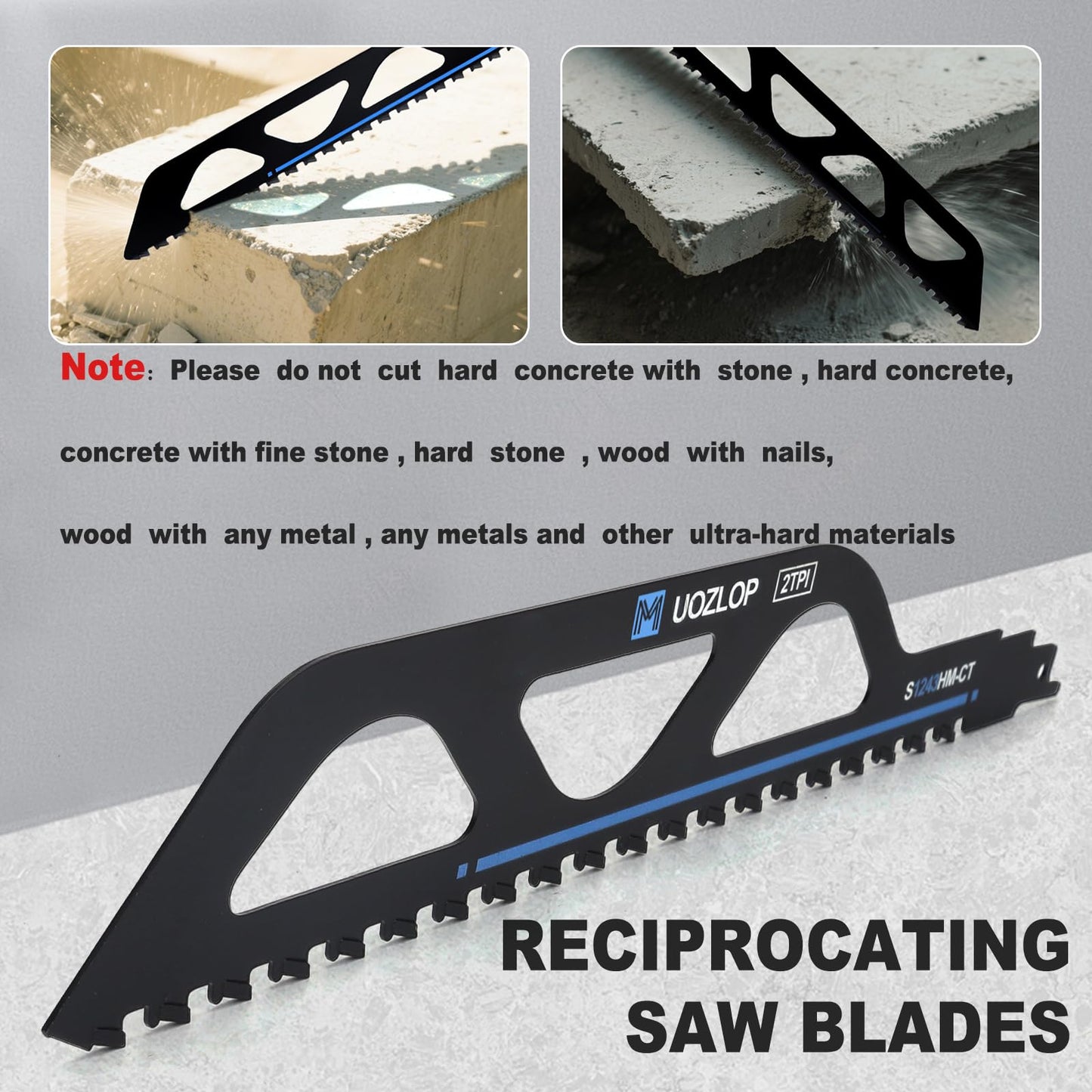 MUOZLOP 12 inch Masonry Reciprocating Saw Blades,2TPI Carbide Blade Strong teeths for Cutting Brick, Cement, Porous Concrete，5 Pack (5, 12 inch)