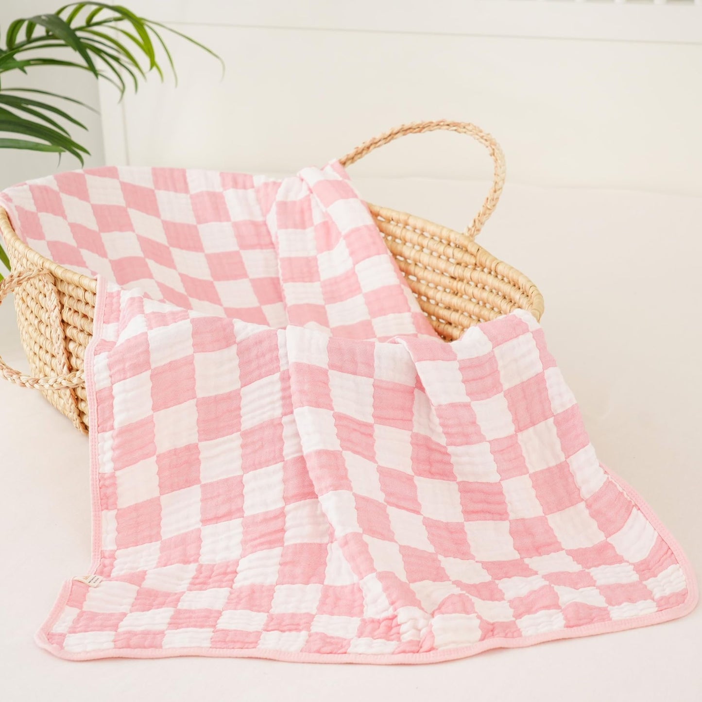 HardNok Ultra-Soft Muslin Baby Blanket - Swaddle & Crib for Girls, Pink Checkered (1-Pack)