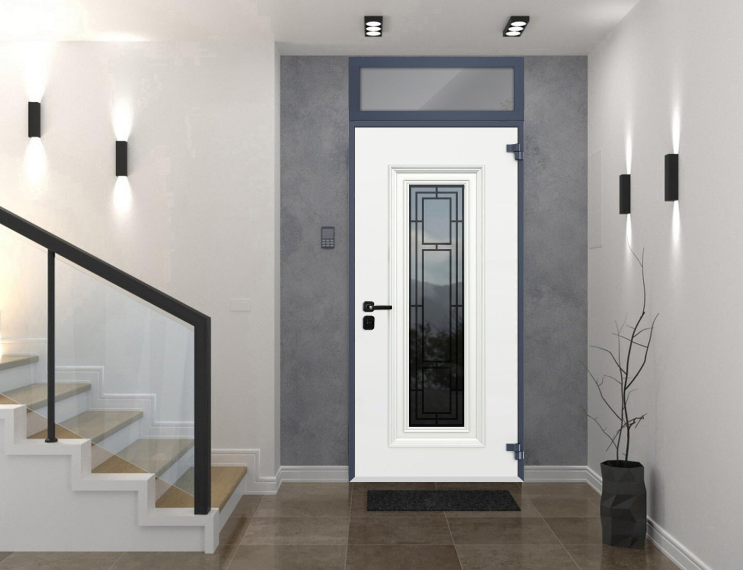 VDOMDOORS Front Exterior Prehung Steel Door/Ballucio 6044 Gray Graphite/Top Exterior Window/Stainless Inserts Single Modern Painted-W36 x H80+16"-Left-Hand Inswing