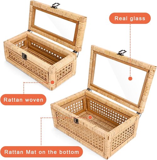 HUAXIN CRAFT H Rattan Decorative Box Set - Rectangular Woven Design with Glass Lid for Stylish Display