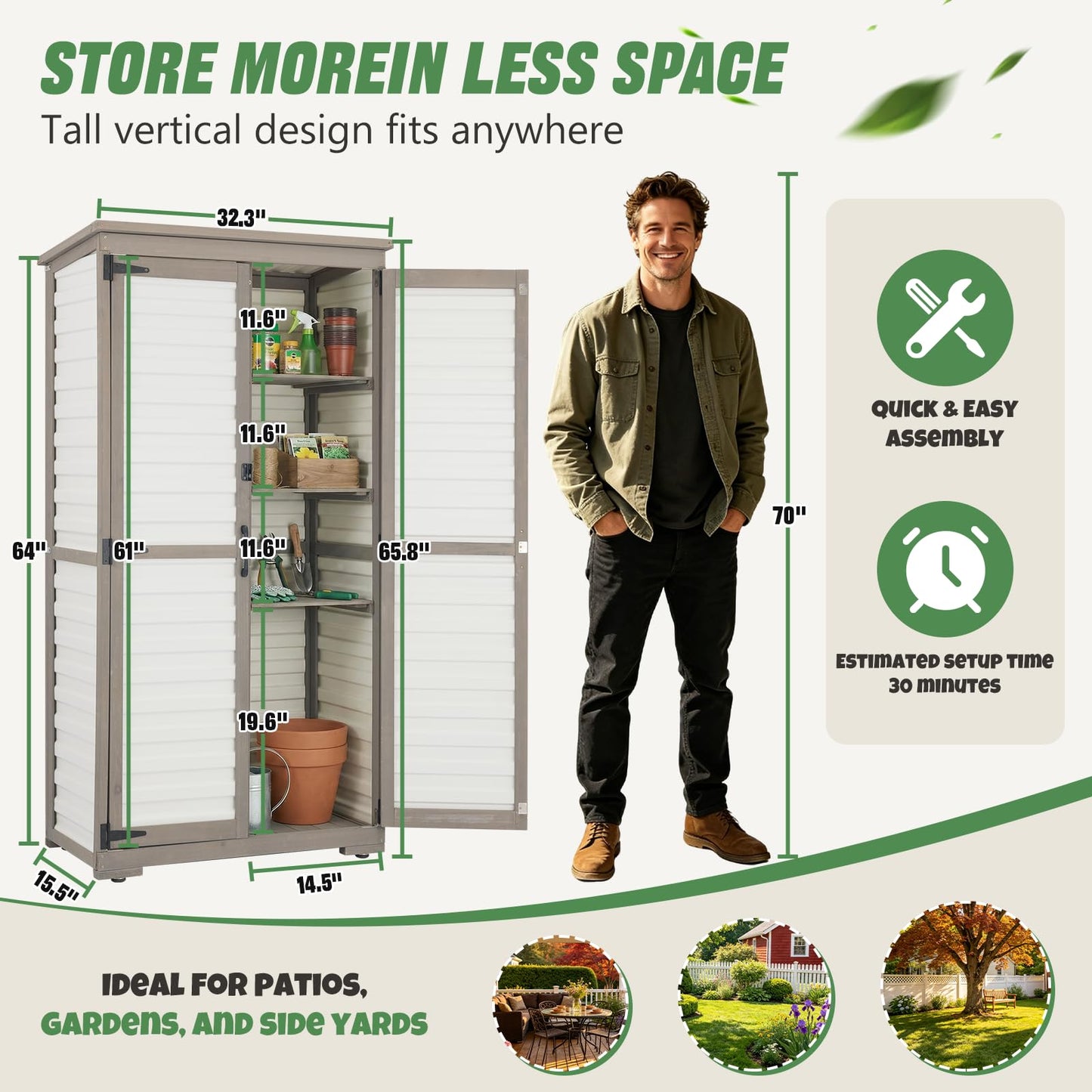 Outdoor Storage Cabinet – Store More in Less Space, Tall Vertical Garden Tool Organizer with 4 Shelves & Long Handle Storage, Weather-Resistant Patio Cabinet for Backyard, Garden, Side Yard