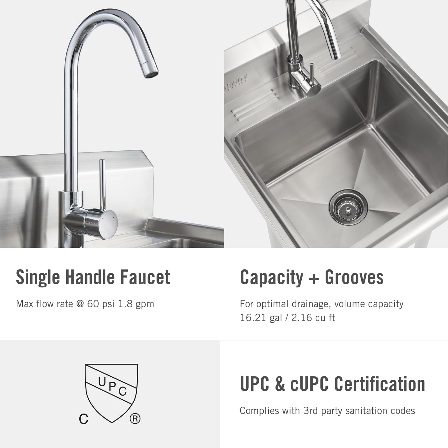 TRINITY BASICS 21.5in Freestanding Stainless Steel Utility Sink, NSF Sink For Laundry Room, Garage, Shop, Kitchen Prep, Food Truck, Dog Wash, with Hot/Cold Pullout Chrome Faucet, 21.5” x 24” x 49.2”