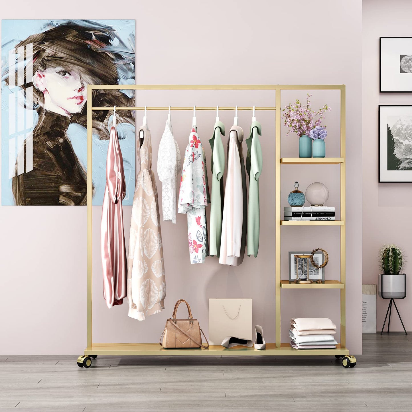 Smlttel Gold Clothing Racks with Shelf, Boutiques Retail Display Gold Clothes Rack, Multiple Uses Heavy Duty Garment Rack for Hanging Rods for Home and Retail