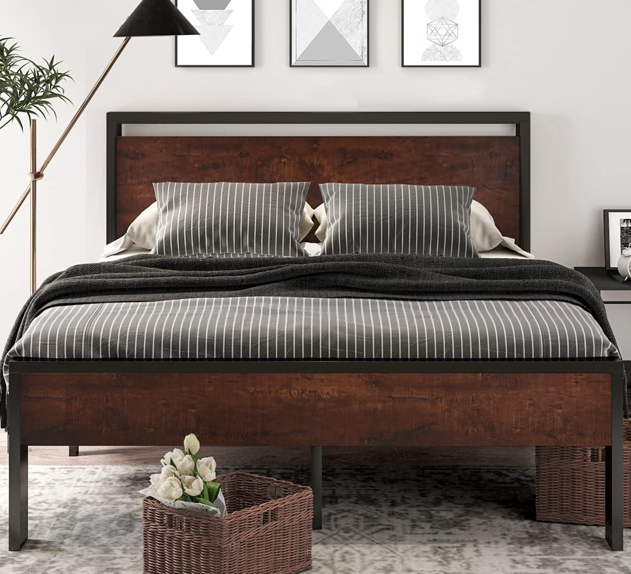 SHA CERLIN 14 Inch Queen Size Metal Platform Bed Frame with Wooden Headboard and Footboard, Mattress Foundation, No Box Spring Needed, Large Under Bed Storage, Non-Slip Without Noise, Mahogany