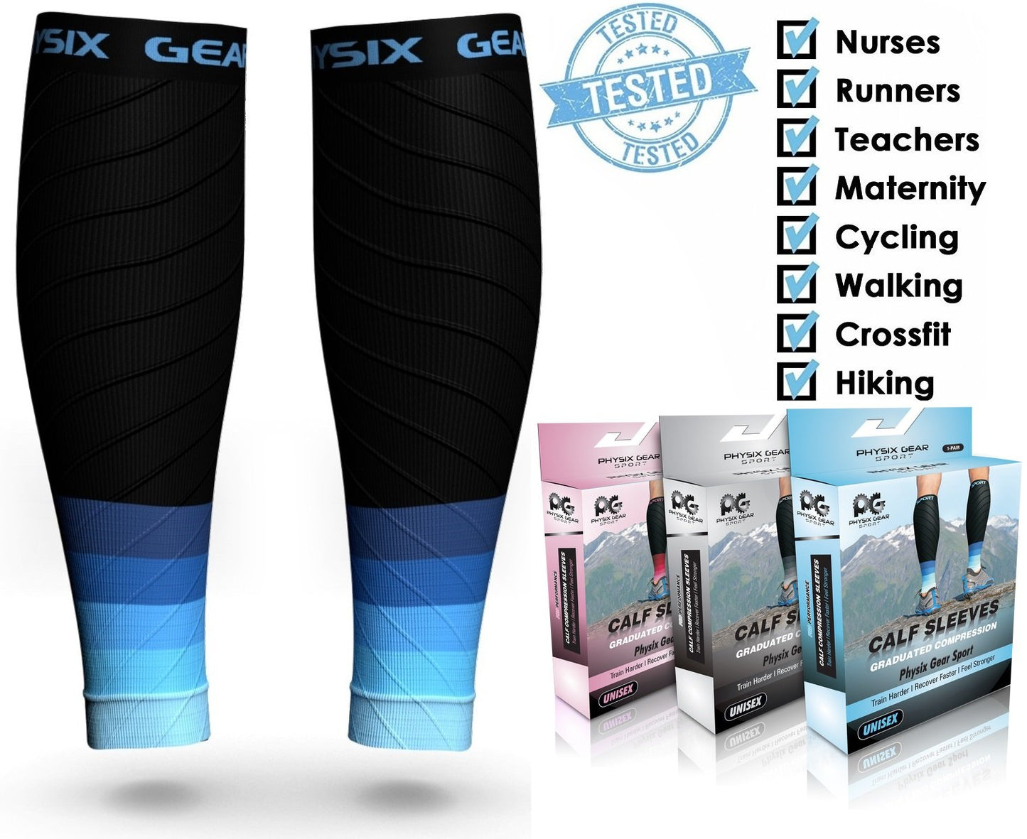 Physix Gear Calf Compression Sleeves - Shin Splint Support for Running, Enhanced Performance & Comfort for Men & Women (Black/Blue, S/M)
