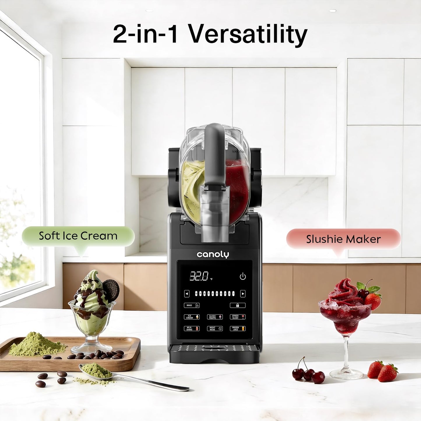 Canoly 2-in-1 Slushie & Soft Ice Cream Maker, 92oz Slushy Machine for Home, 6 Preset, Real-Time Temp Display, Auto-Clean, Frozen Margaritas Smoothie, Frappes, Milkshakes, Black