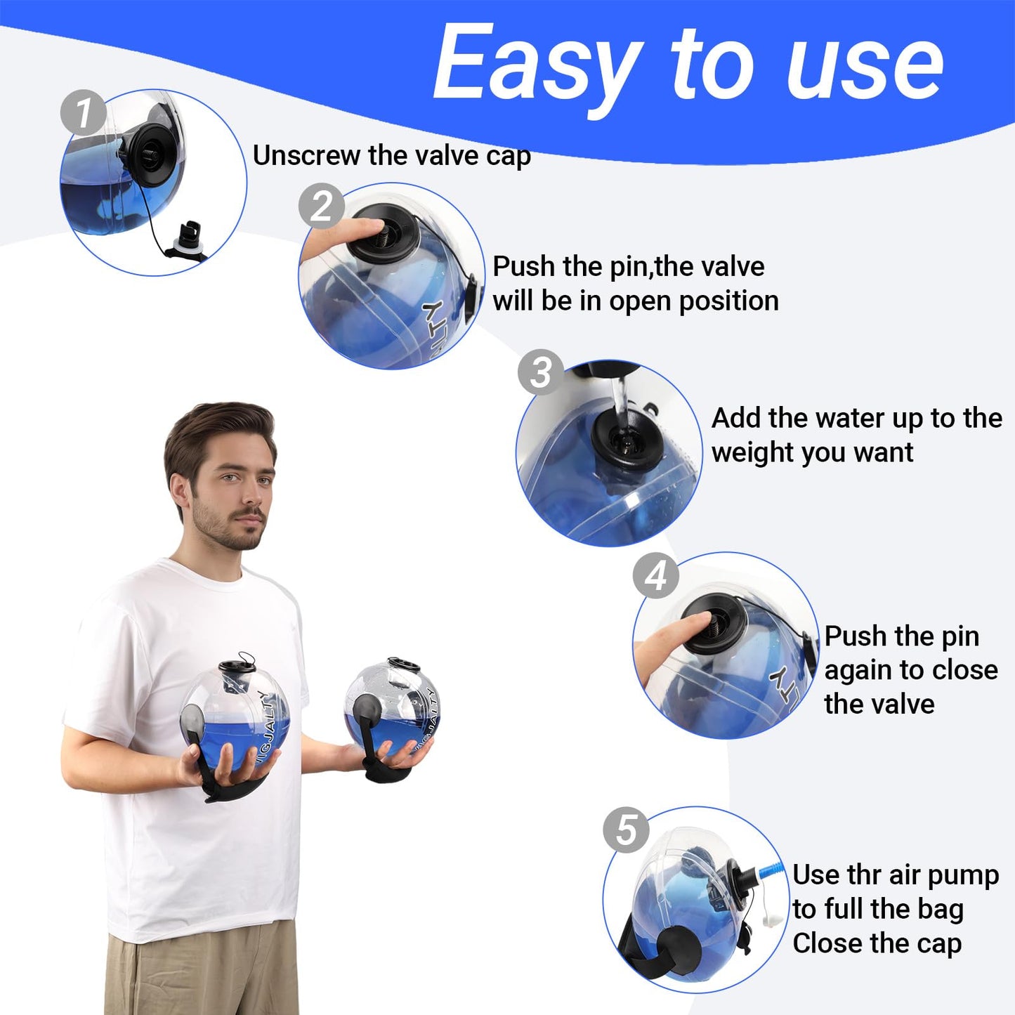 6.5" Aqua Ball Water Weight Bag - Adjustable Water Filled Fitness Bag, Sandbag Alternative for Home Gym, Core Balance Trainer, Portable Exercise Equipment for Arm Shoulder Full Body Workout (5Ibs)