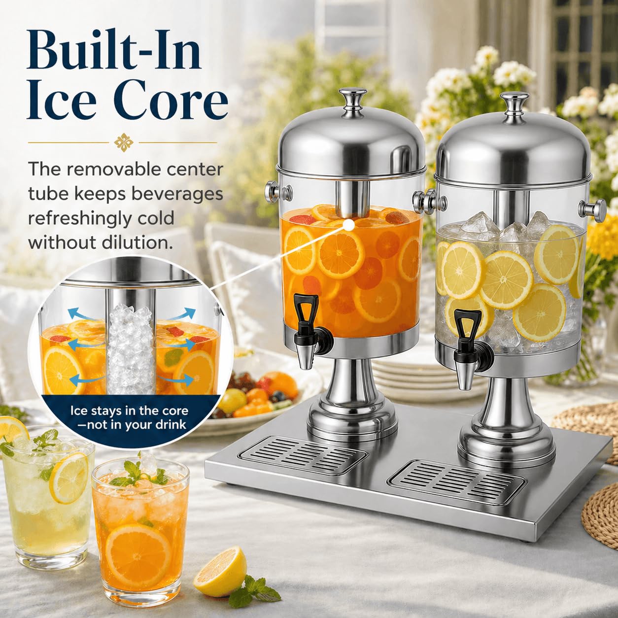 THXSUN Beverage Dispenser 4.4 Gallon, Large Drink Dispenser with Ice Core, Stainless Steel Beverage Dispenser with Stand for Cold Drinks, Juice, Lemonade, Iced Tea, Parties & Events