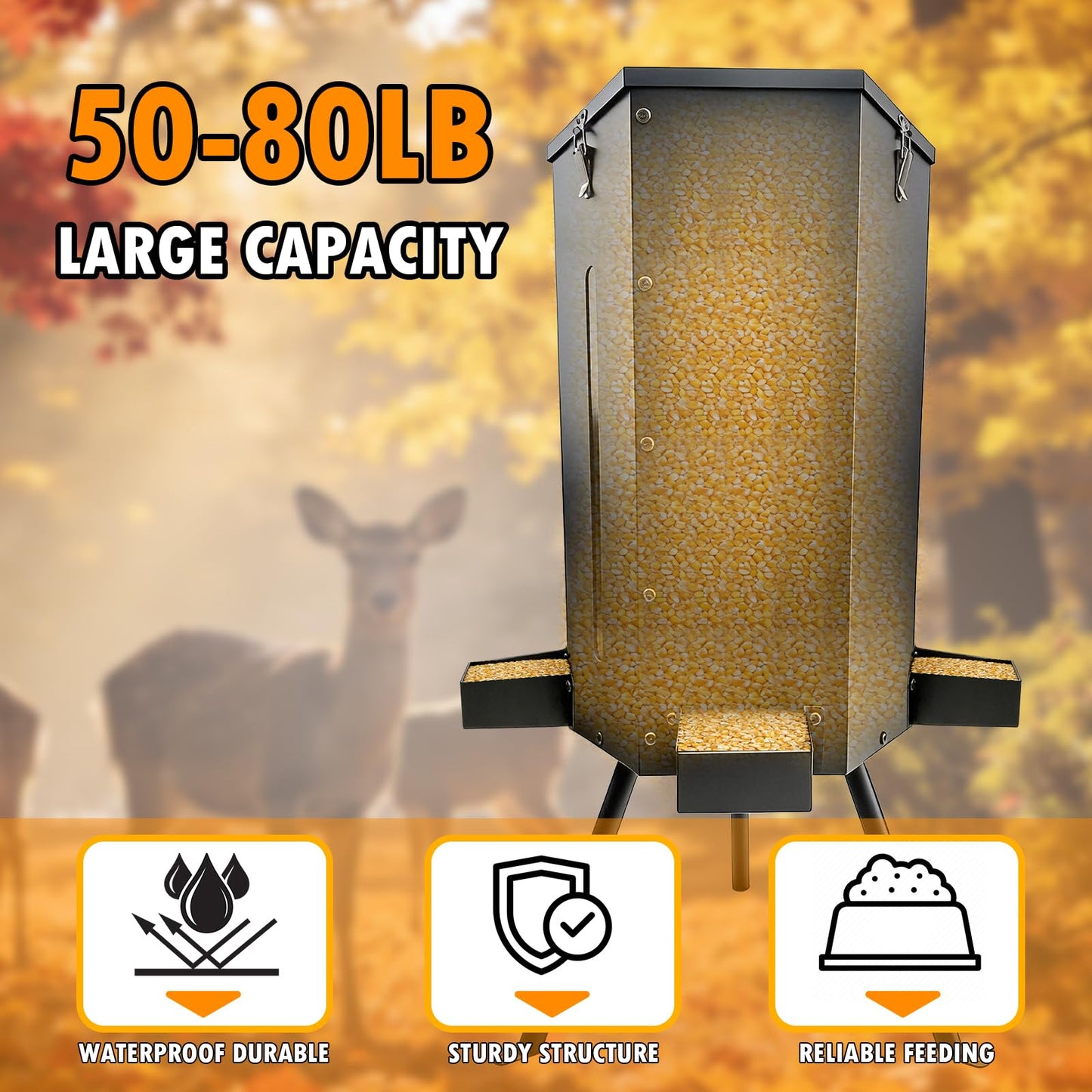 NULTRUMA 80 lbs Galvanized Steel Gravity Deer Feeder | Weatherproof & Anti-Rust Wildlife Game Feeder with 3 Feeding Trays & 3-Leg Stand | Automatic Corn Dispenser for Deer, Goats, Horses