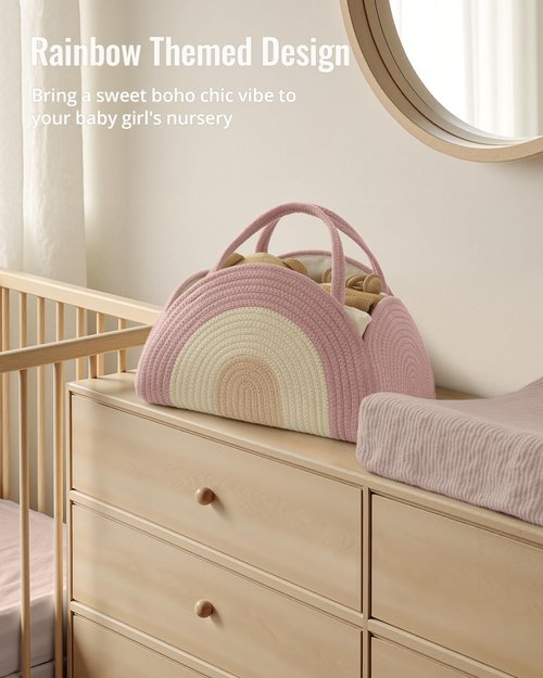 Blissful Diary Baby Diaper Caddy Organizer - Large Cotton Rope Storage Basket for Newborns | Blush Rainbow