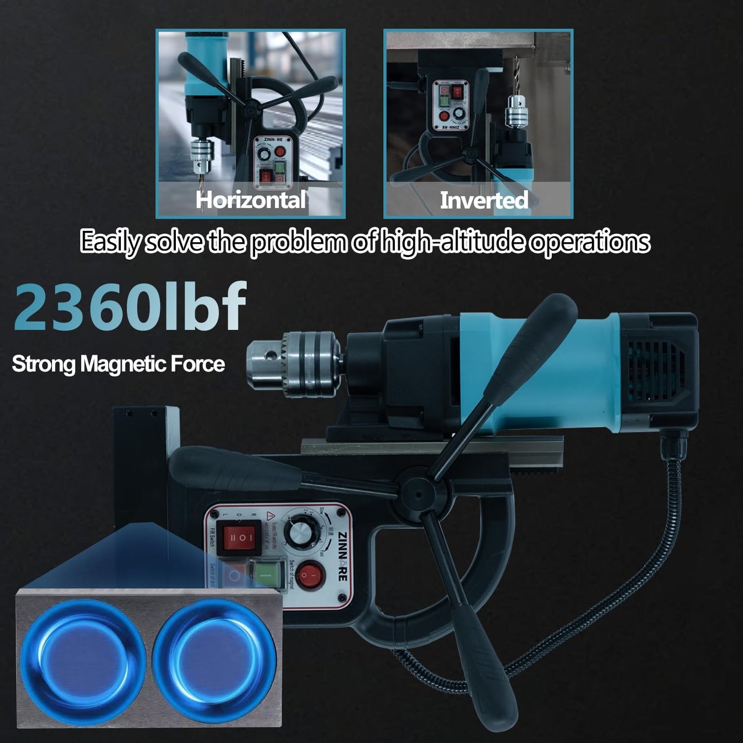 Zinnore Mag Drill Press, 1150W Magnetic Drill Press, 2360lbf /10500N Mag Force, Portable Electric magnet press machine for Metal Surface