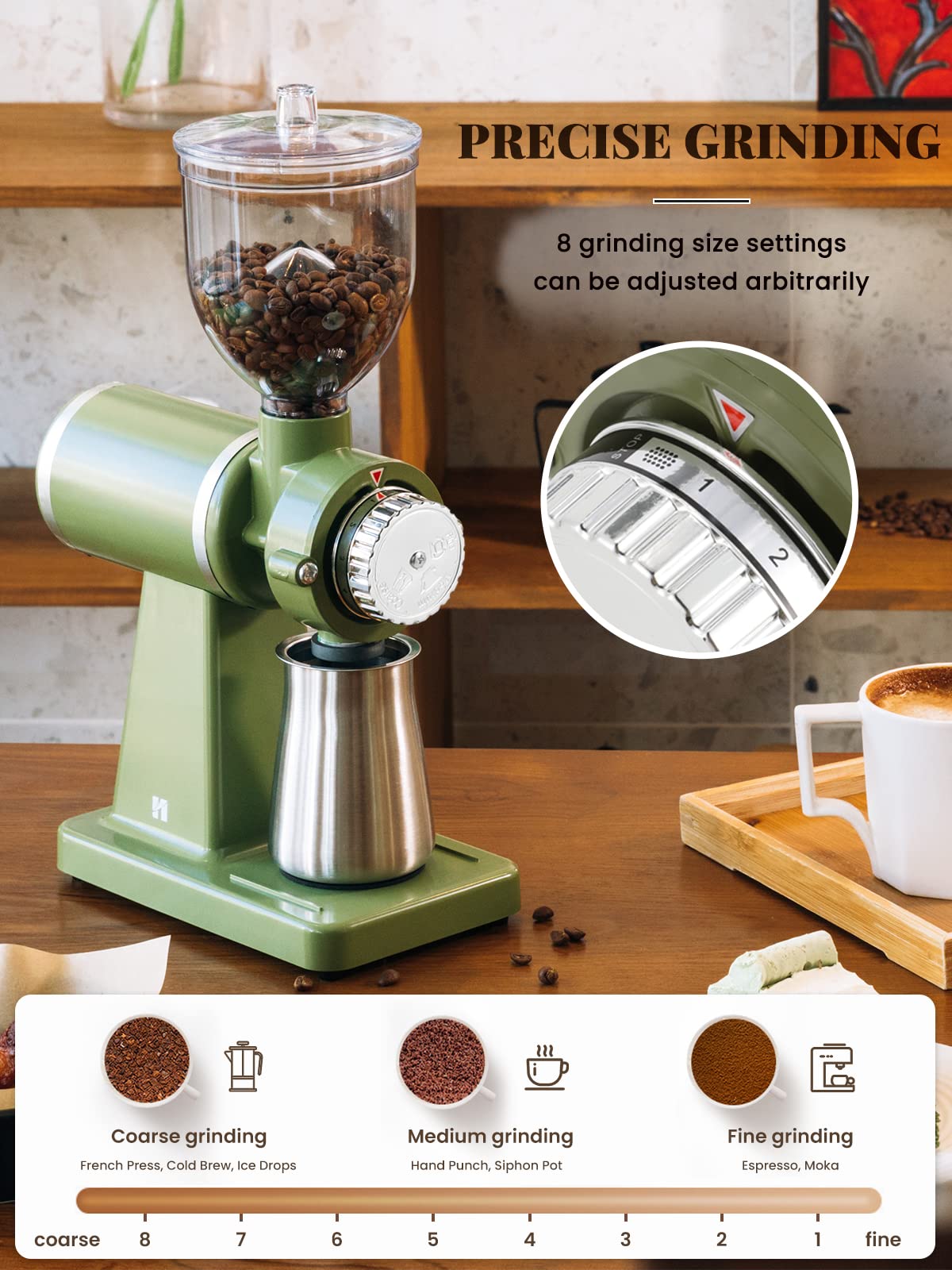 Huanyu Electric Coffee Bean Grinder 250G Automatic Burr Grinder Green and Huanyu Electric Espresso Portafilter Cleaner with Dual Brush Heads and Three Scrapers Bundle