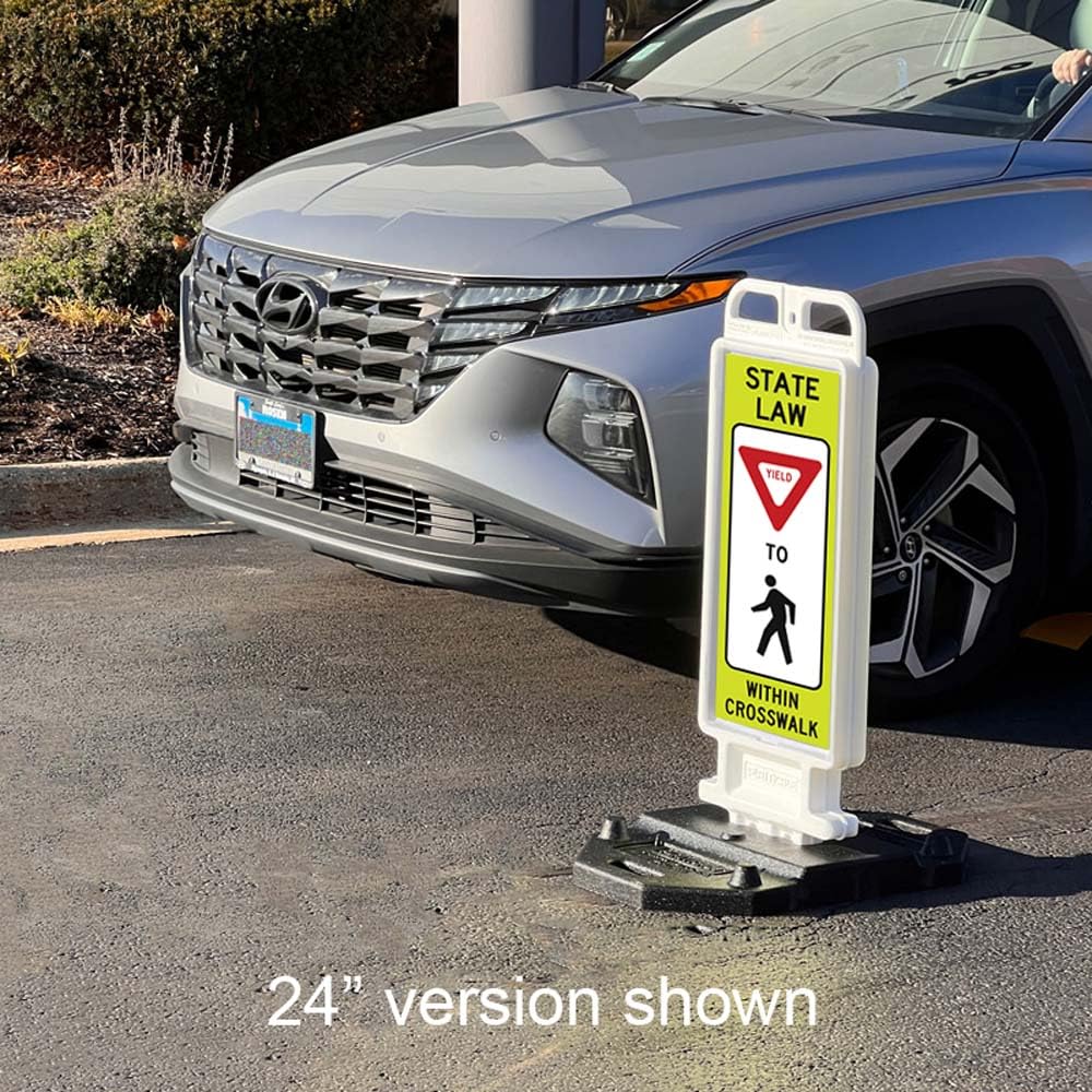 Plasticade Crosscade Crosswalk Sign, 36" Vertical Panel with 12x36 State Law Yield To Pedestrians Sign, Impact-Resistant Rubber Base, Diamond Grade Reflective Background and HIP Sheeting