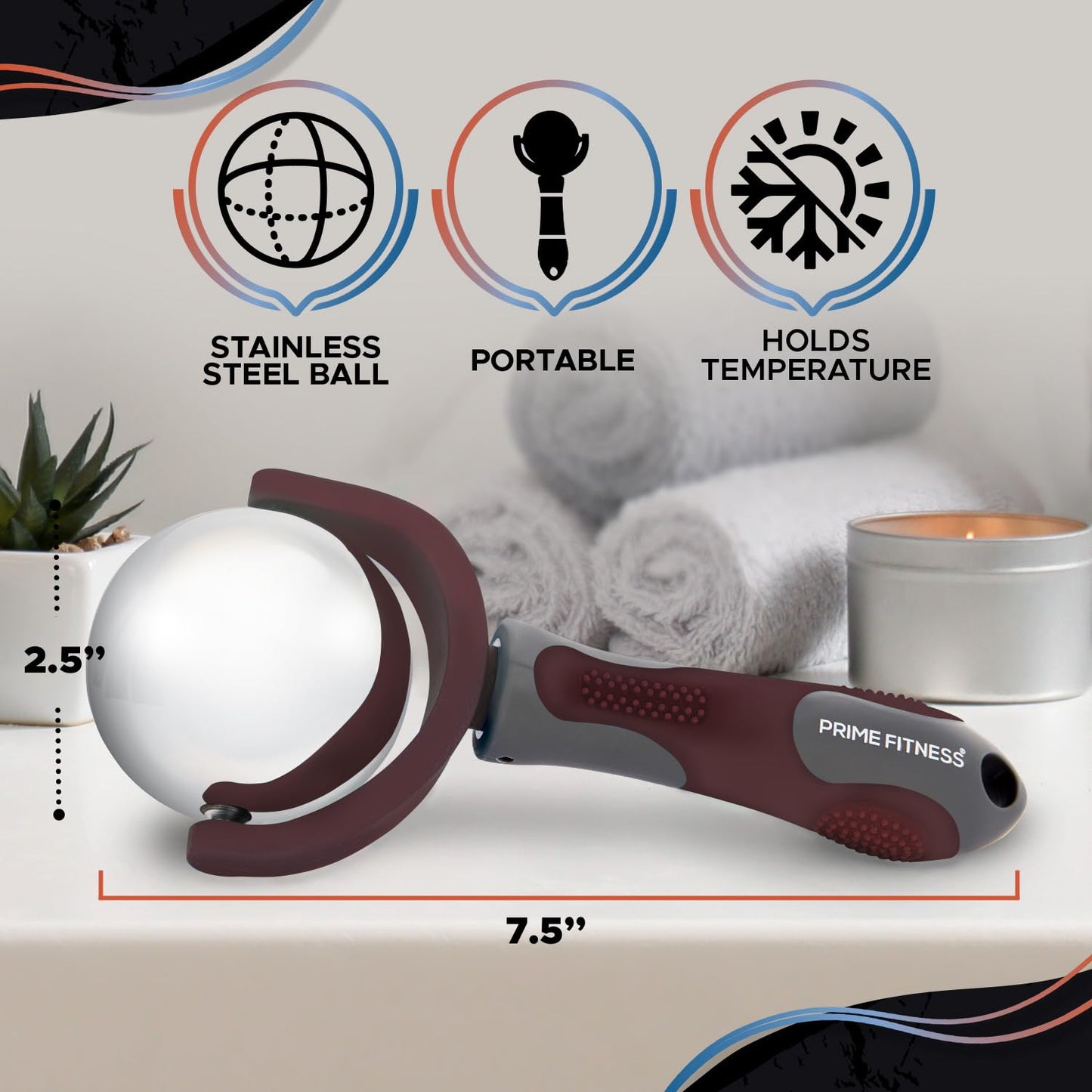 PRIME Fitness Cold Massage Roller Ball | Cold Therapy | Ice Roller Ball with Handle | cryo Stick | Relieve Muscle Pain (Maroon)