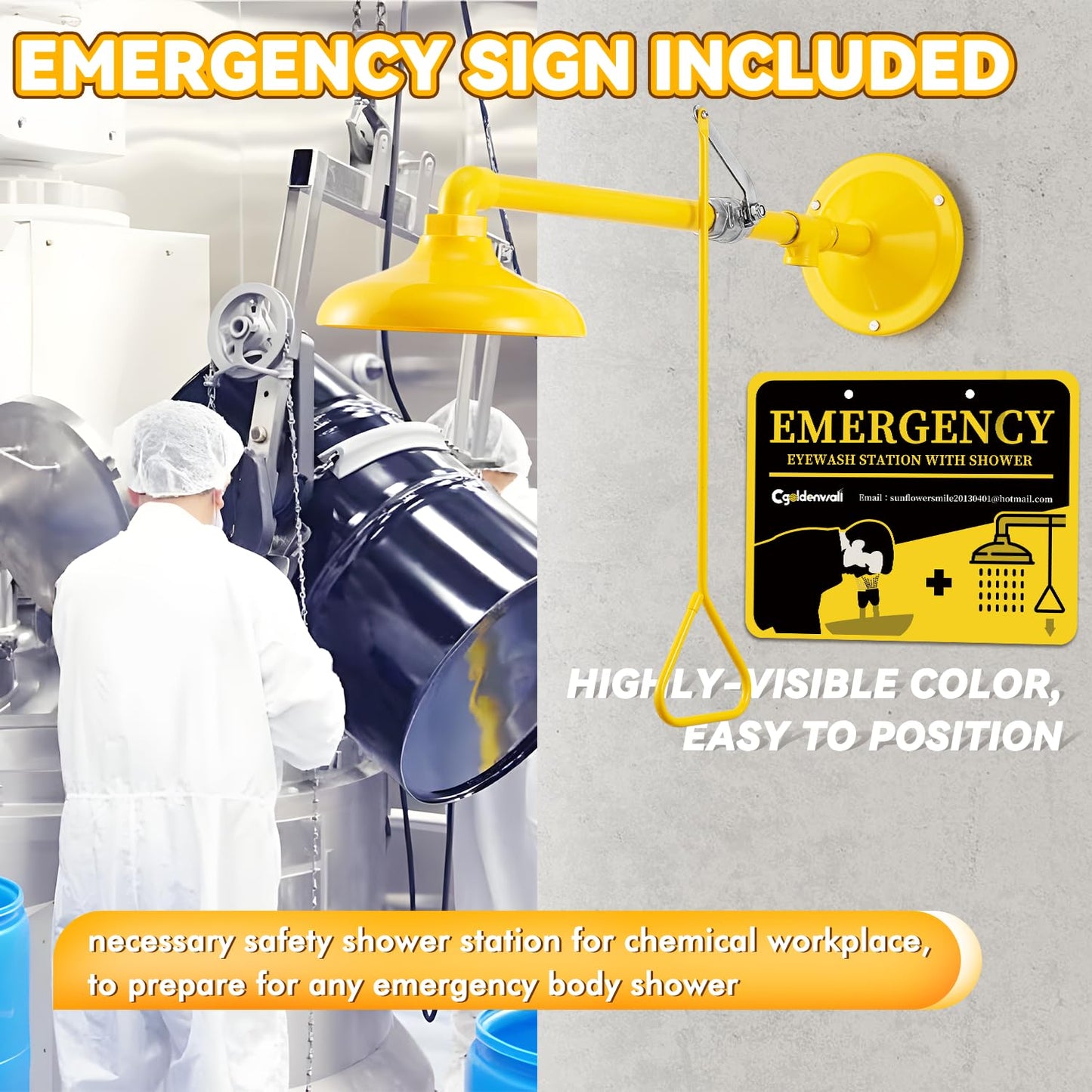 CGOLDENWALL Emergency Shower Safety Shower Station Horizontal Mount Drench Head, 1" NPT Thread, 304 Stainless Steel+ABS Shower Head