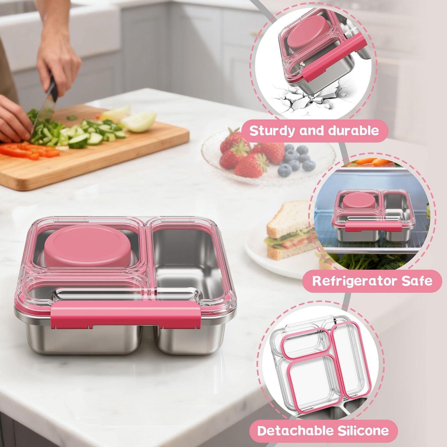 Pawtong Stainless Steel Bento Box Kids Adult with 7oz Insulated Food Jar, Transparent Lid Metal Lunch Box With Soup Thermal Jar, Lunch Box Container with Removable Divider & Sauce Cup School (Pink)