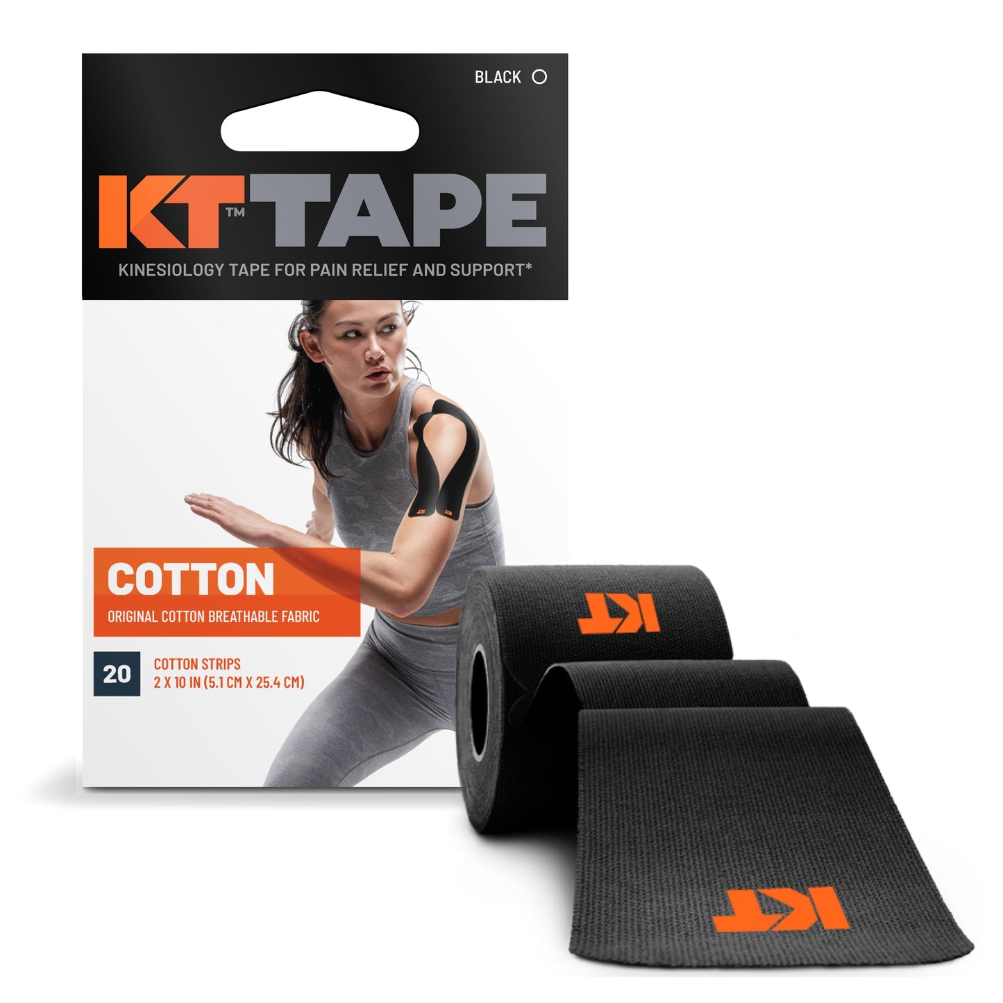 KT Tape, Original Cotton, Elastic Kinesiology Tape, Everyday Muscle and Joint Support, Daily Pain Relief, 20 Count, 10” Precut Strips, Black