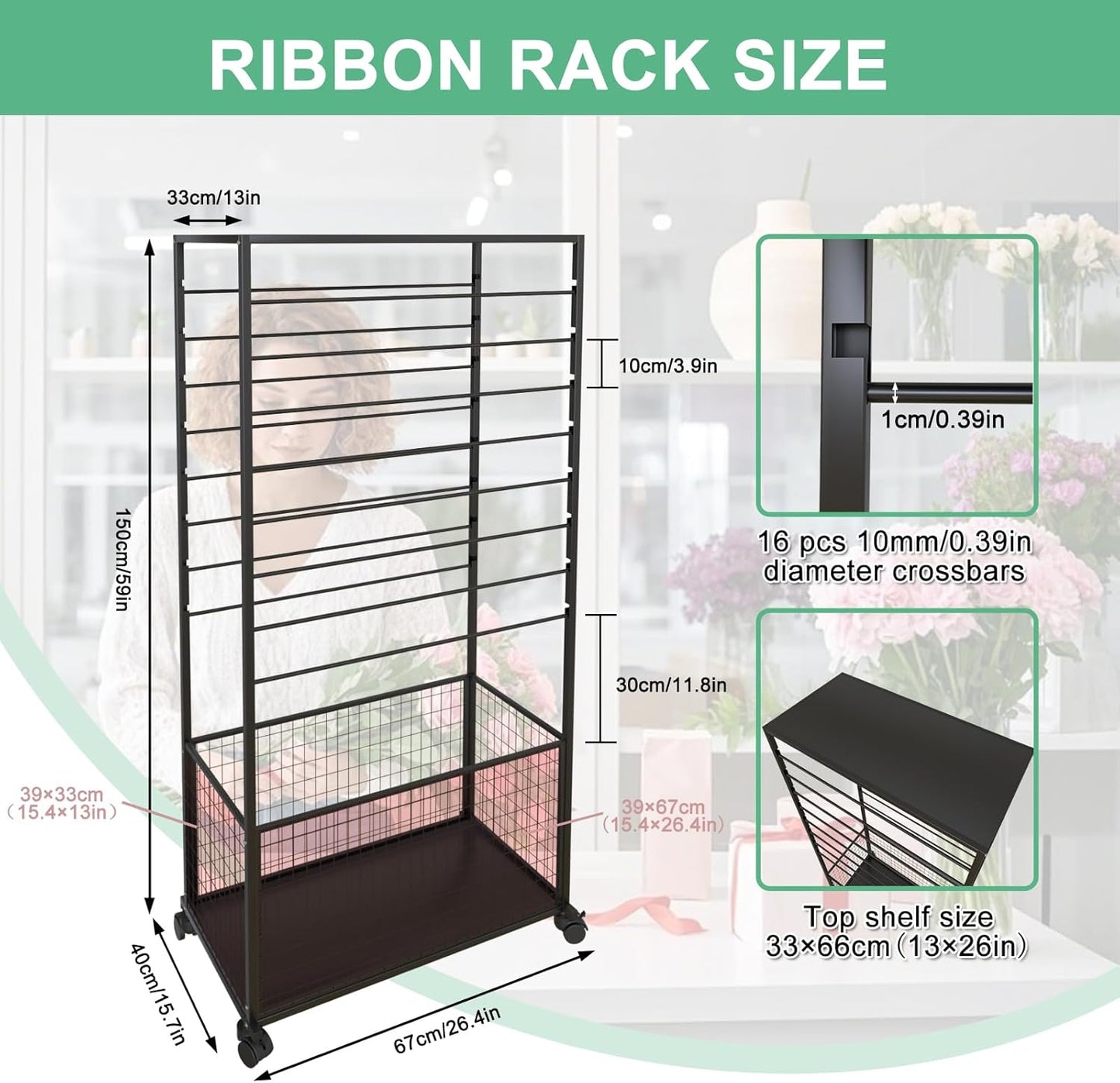 Skiennix 16-Tier Ribbon Organizer Rack - Double-Sided Storage Holder with Wheels for Craft Room