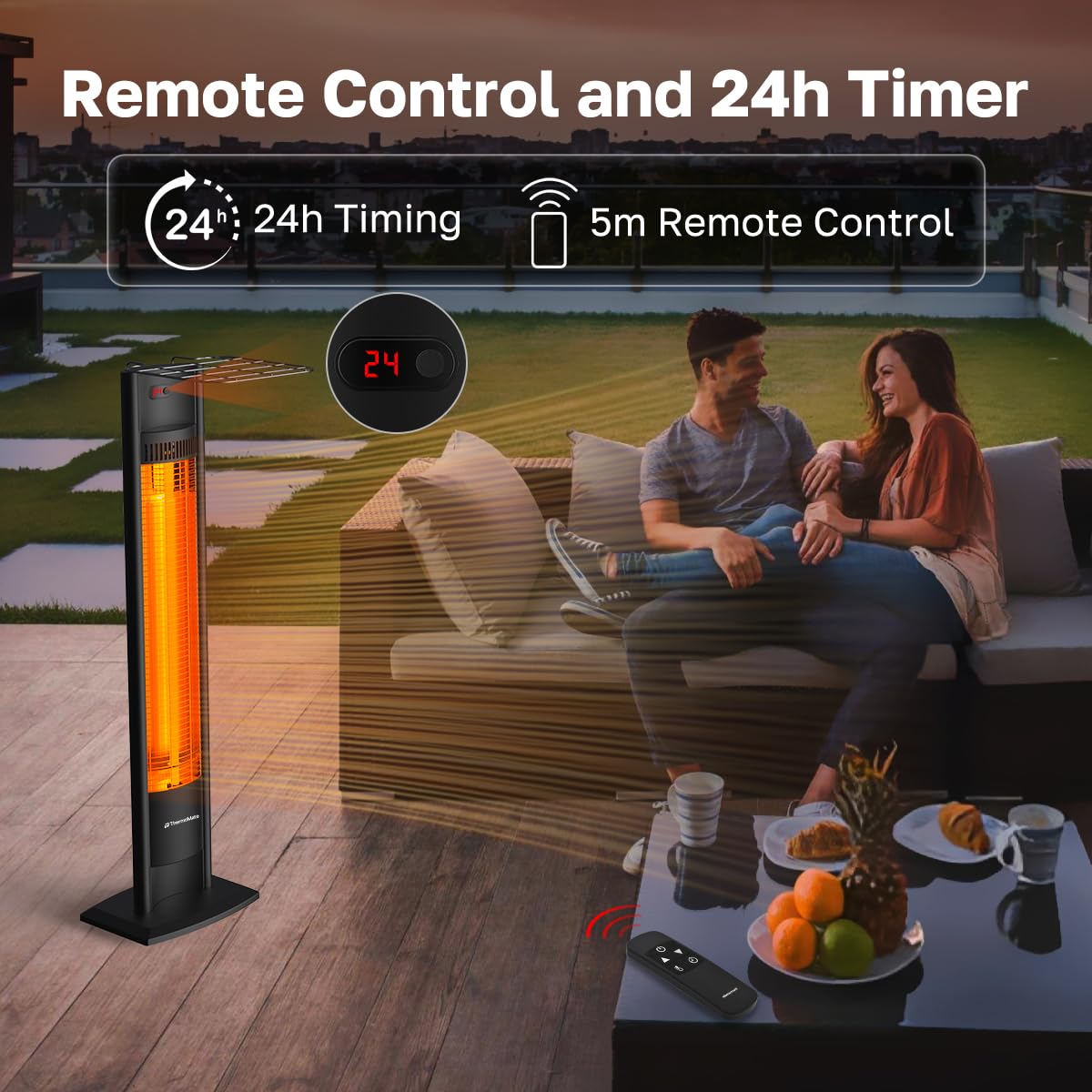 ThermoMate Outdoor Indoor Electric Patio Heater, 1500W 38.5" Portable Tower Infrared Heaer, IP55 Rated Space Radiant Heater with Remote, Timer, Tip-over Protection for Backyard, Restaurant & Garage