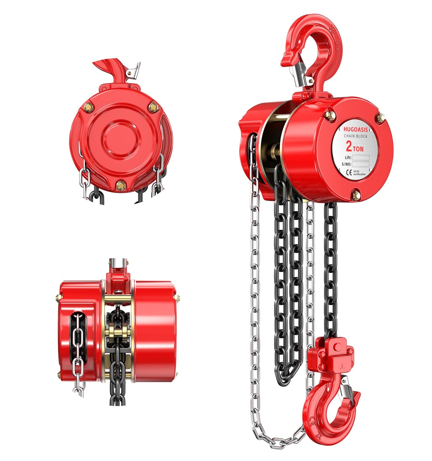 HUGOASIS Manual Chain Hoist 2 Ton 4400 Lbs Capacity 10ft with 2 Heavy Duty Hooks, Chain Fall Block for Warehouse Building Automotive Machinery,Red