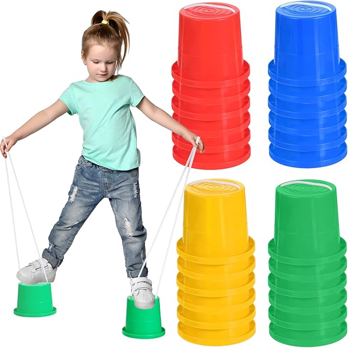 Hungdao 12 Pairs Balancing Stilts for Kids Walking Bucket Stilts Plastic Walking Toy with Adjustable Rope for Preschool Playground Indoor Outdoor Obstacle Course Games, 4 Colors