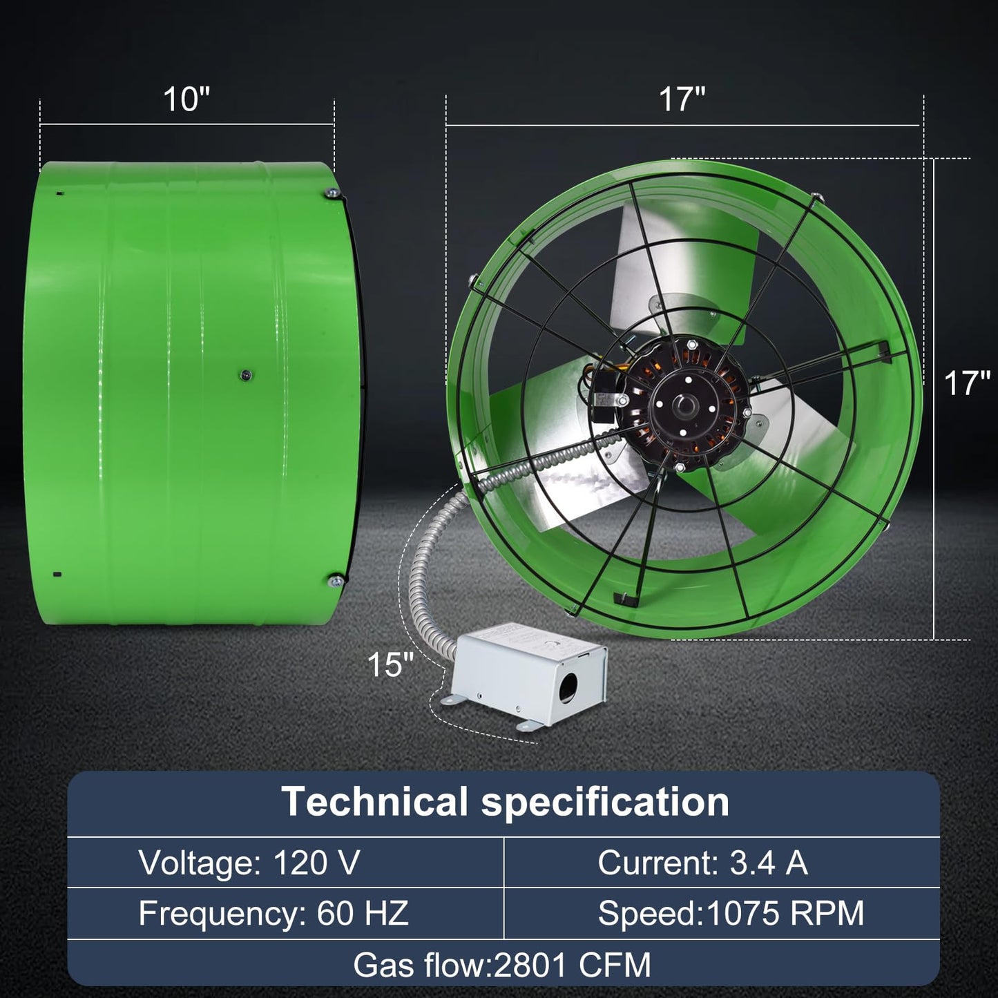 Criditpid 16 Inch Gable Mount Vent Attic Fan, Exhaust Ventilation Fan with Adjustable Thermostat for Gable, Home, Shed, Garage, Portable Building, 3.4A, 1075RPM, 2801CFM, Green.