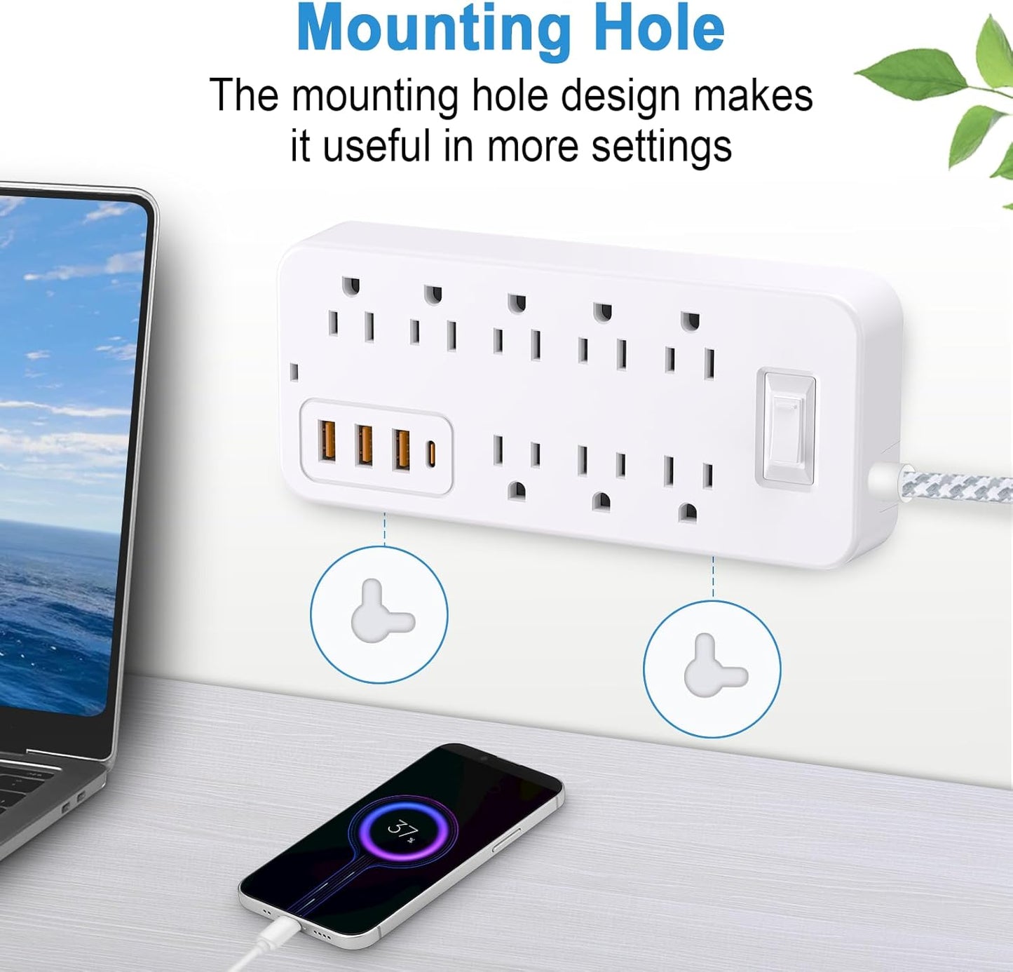 Roopersnake 8 4 Ports(1 Bluetooth Portable Speakers Extension Cord Surge Protector Power Strip - Flat Plug Braided