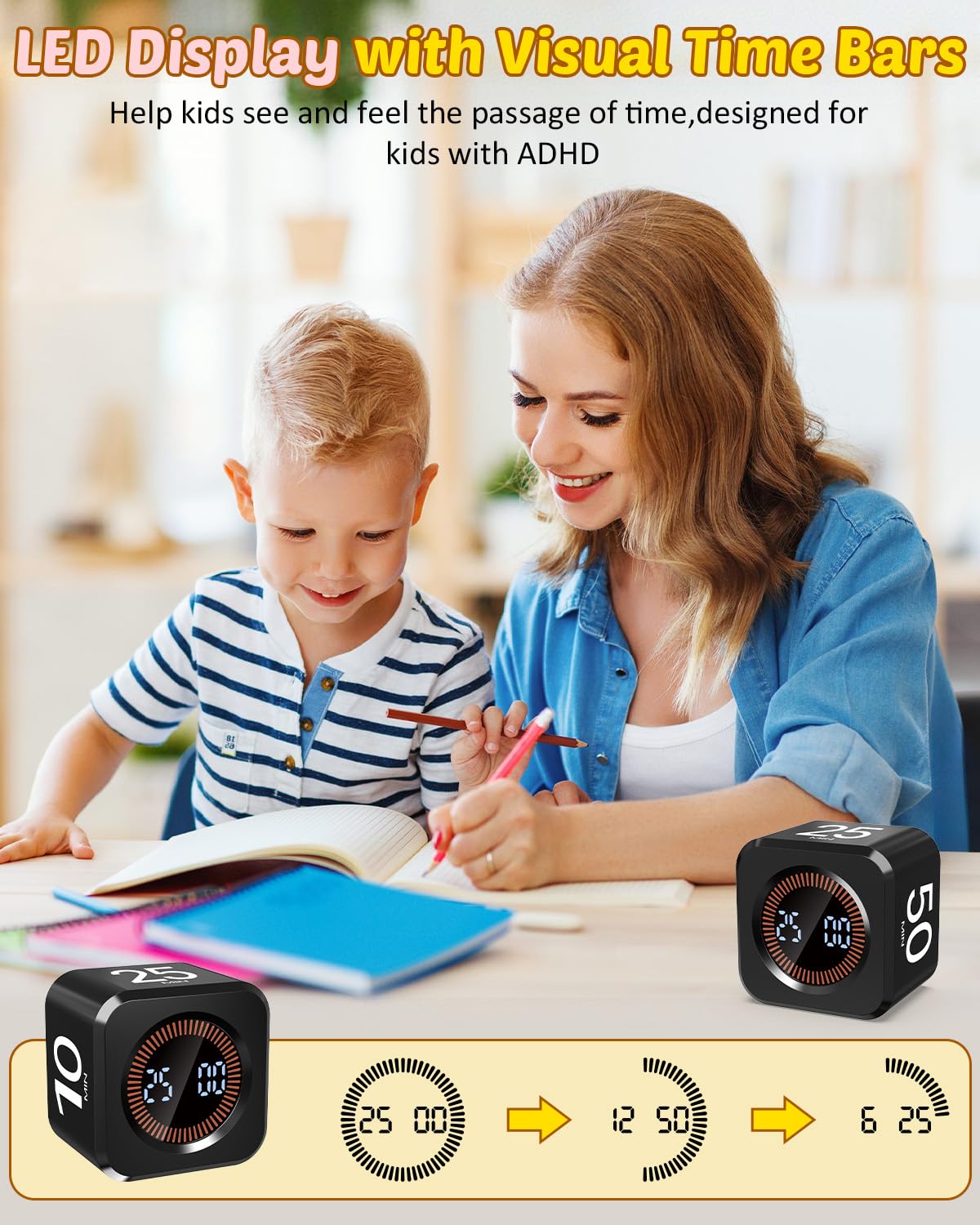 COWVTUJ Digital Pomodoro Timer Cube 5/10/25/50min, Visual Productivity Flip Timer for Kids Classroom Desk, Custom Countdown, Silent and Sound Mode for ADHD Study Work Game Kitchen (Black)