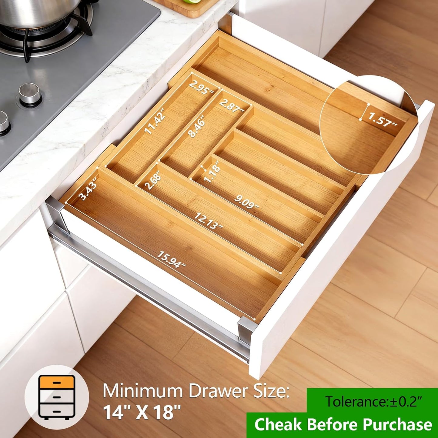 Pipishell Bamboo Silverware Drawer Organizer - Adjustable Utensil Tray for Kitchen & Home Storage