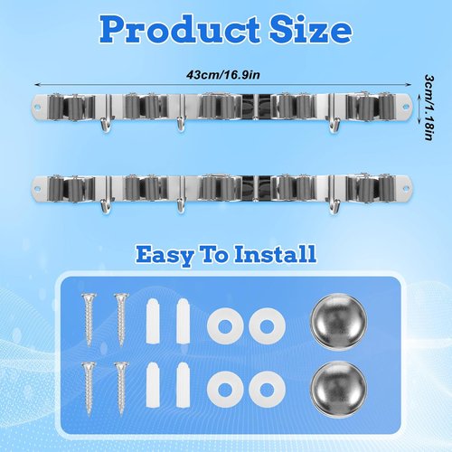 Heavy Duty Wall Mount Broom Holder by [Brand Name] - Stainless Steel Organizer with 5 Racks & 4 Hooks | Self-Adhesive or Screw Mount for Garage, Laundry, Kitchen - Silver