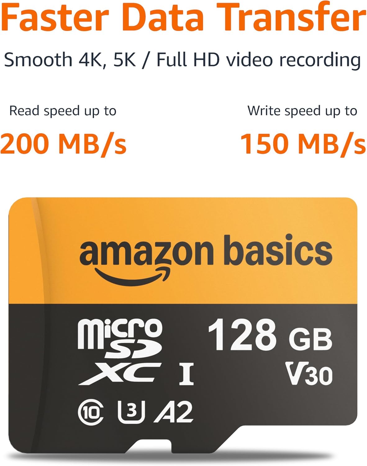 Amazon Basics 128GB 200MB/s, 1-Pack microSDXC Memory Card with Adapter for Smartphones, Drones, Cameras, Full HD, Read