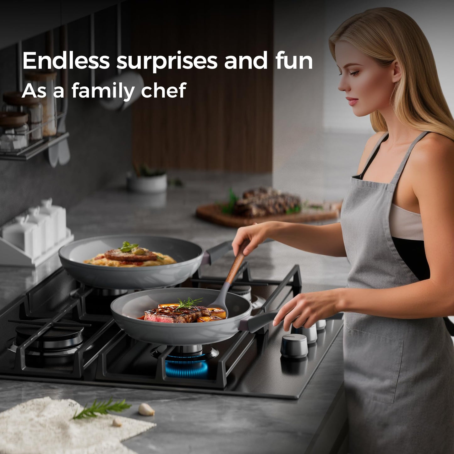 Sanho Diamond-Titanium Ceramic Nonstick Fry Pan Set, 10in & 12in Frying Pans, PFAS PFOA PTFE Free, Dishwasher Safe & Induction Compatible Cookware with Cool-Touch Handle, Gray