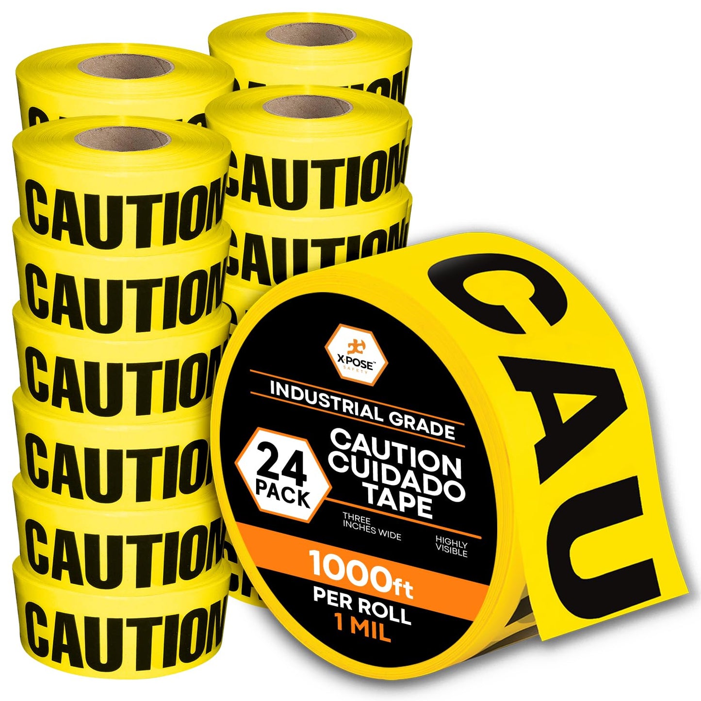 Xpose Safety Yellow Caution/Cuidado Tape – Bulk (24 Rolls) – 3" x 1000' High-Visibility Barricade Tape for Construction Sites, Hazards, Crime Scenes & Halloween Decorations